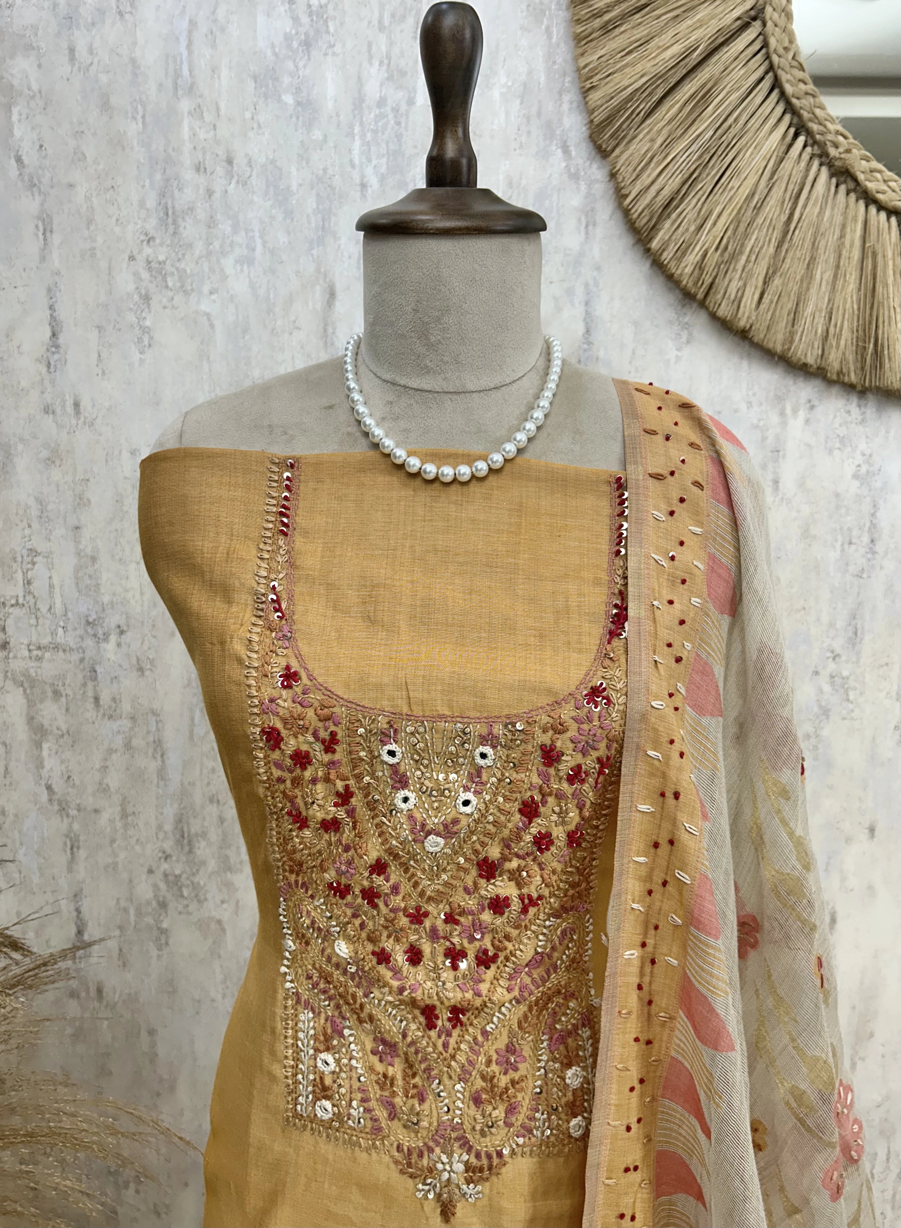 Jamdani Linen Unstitched Suit Set French Knot Work On Neckline