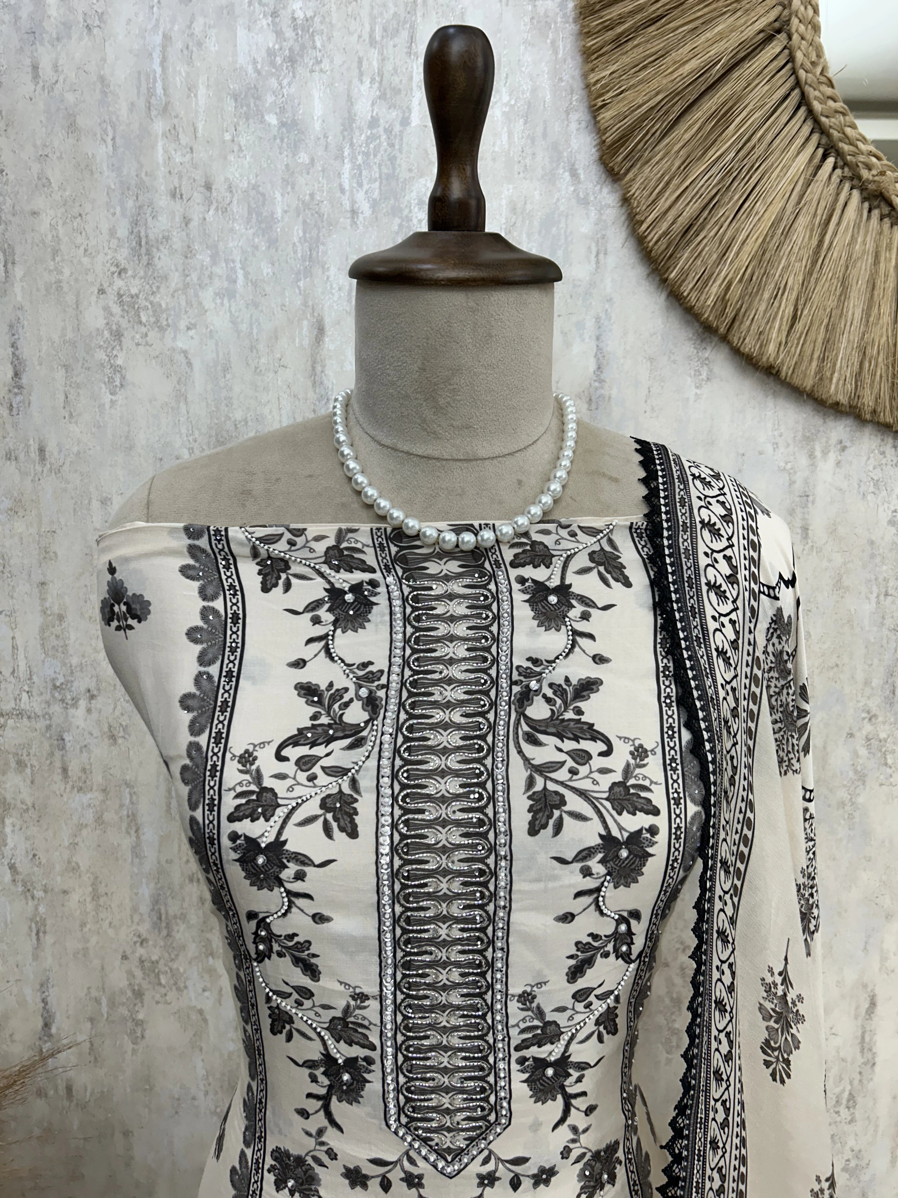 Muslin Unstitched Suit Set With Sequence Work