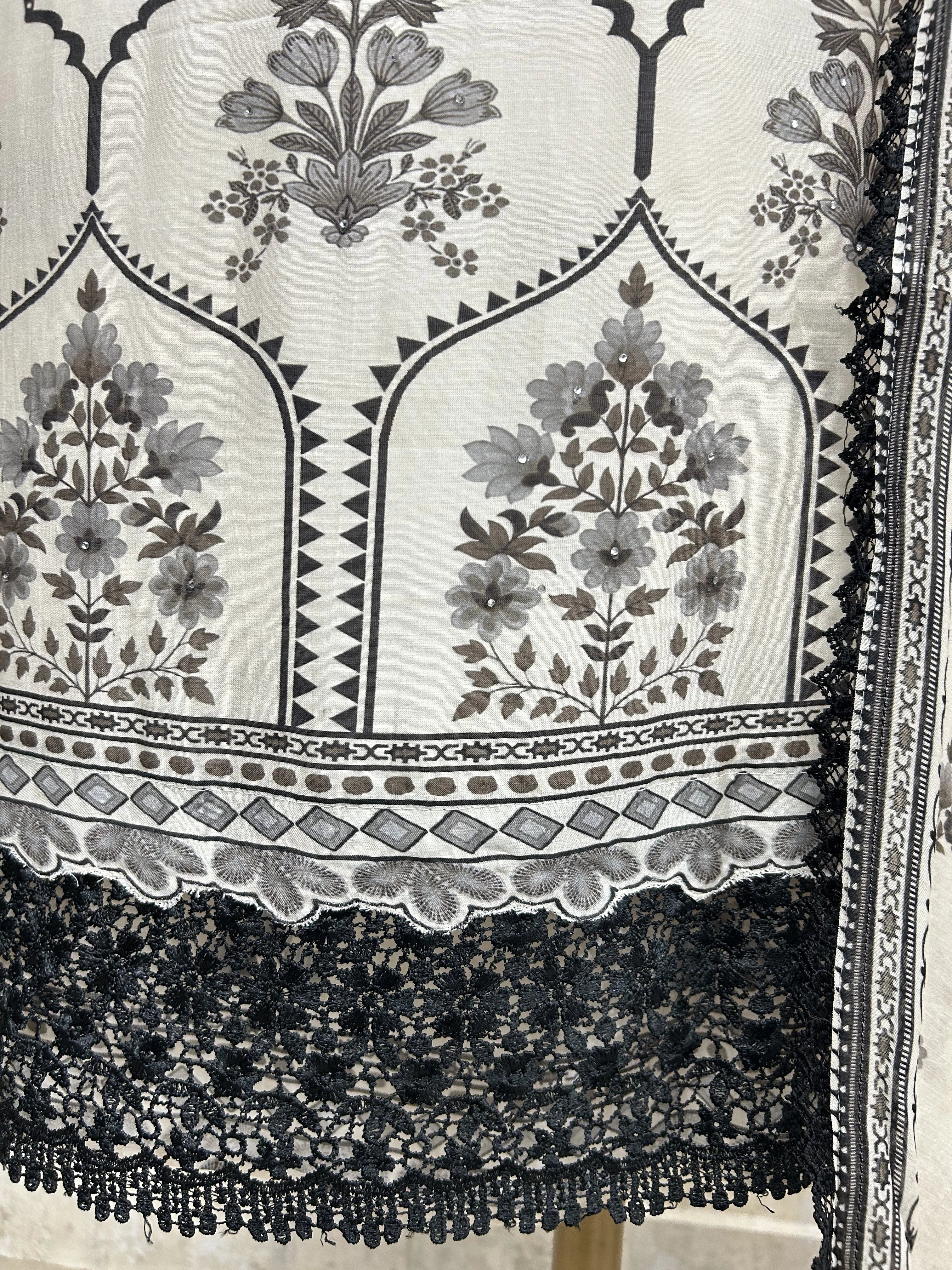 Muslin Unstitched Suit Set With Sequence Work