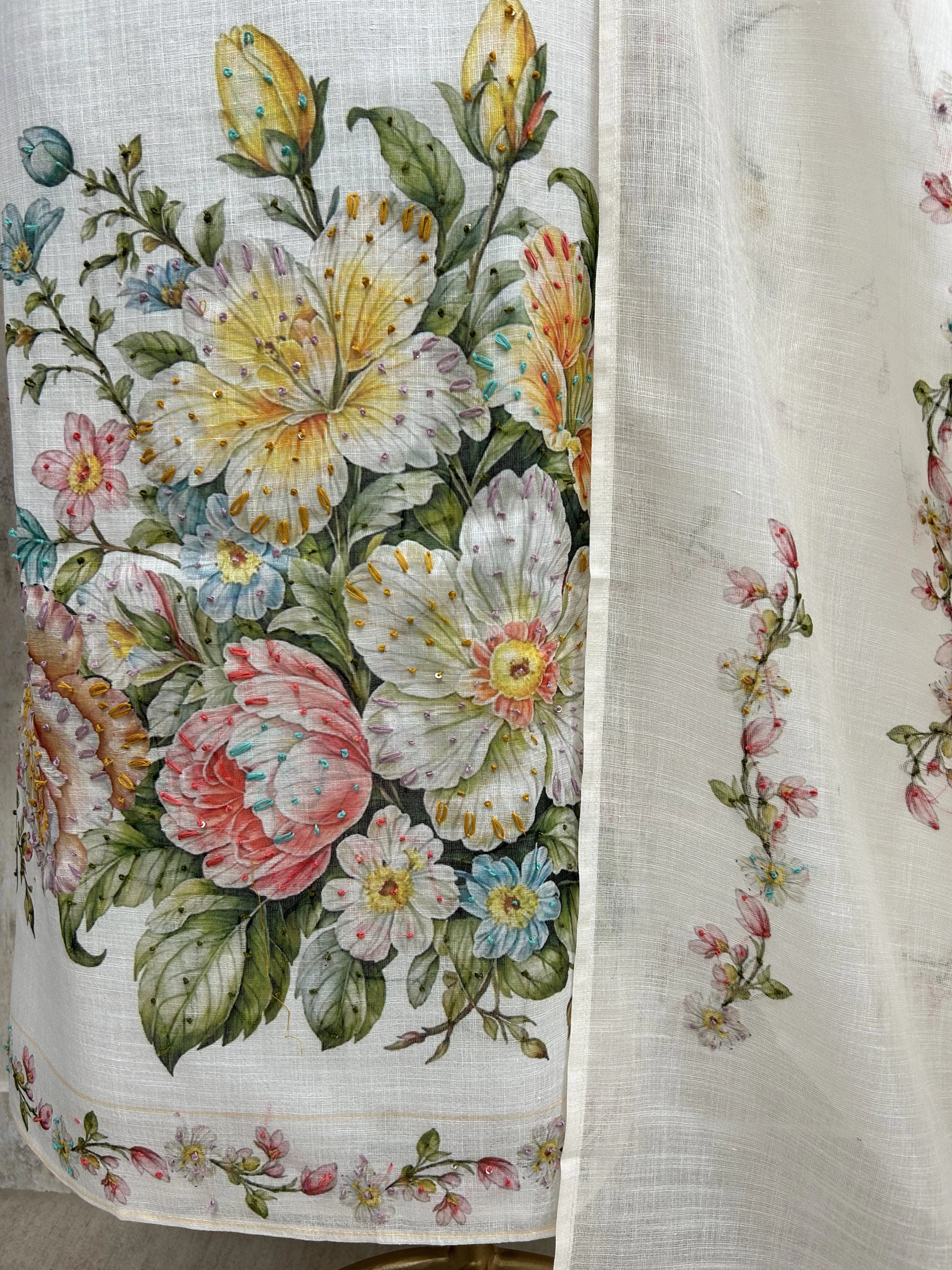 Jamdani Linen Unstitched Suit Set With Floral Print