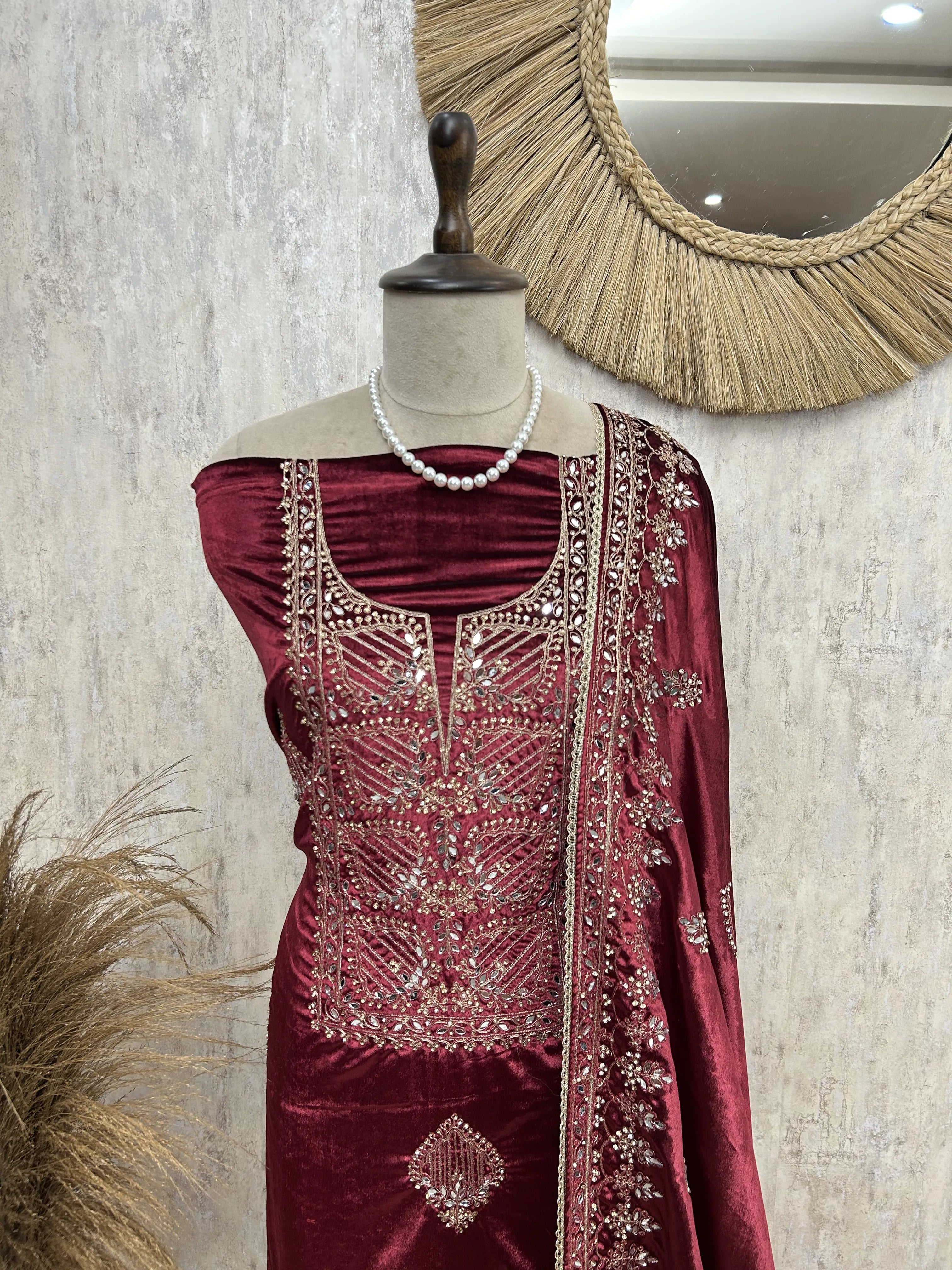 Designer Mirror Velvet Unstitched Suit