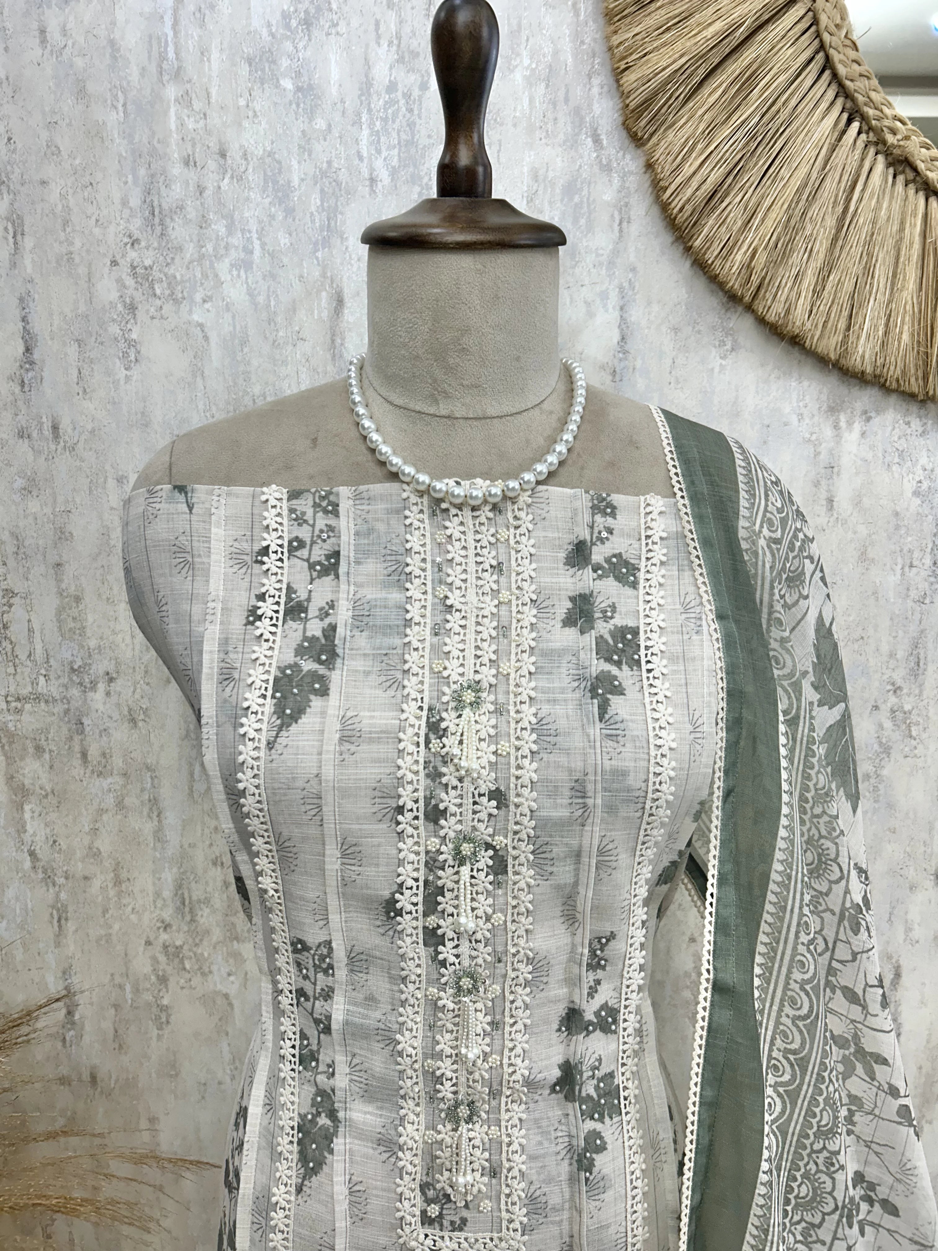 Linen Unstitched Suit Set With Leaf Prints