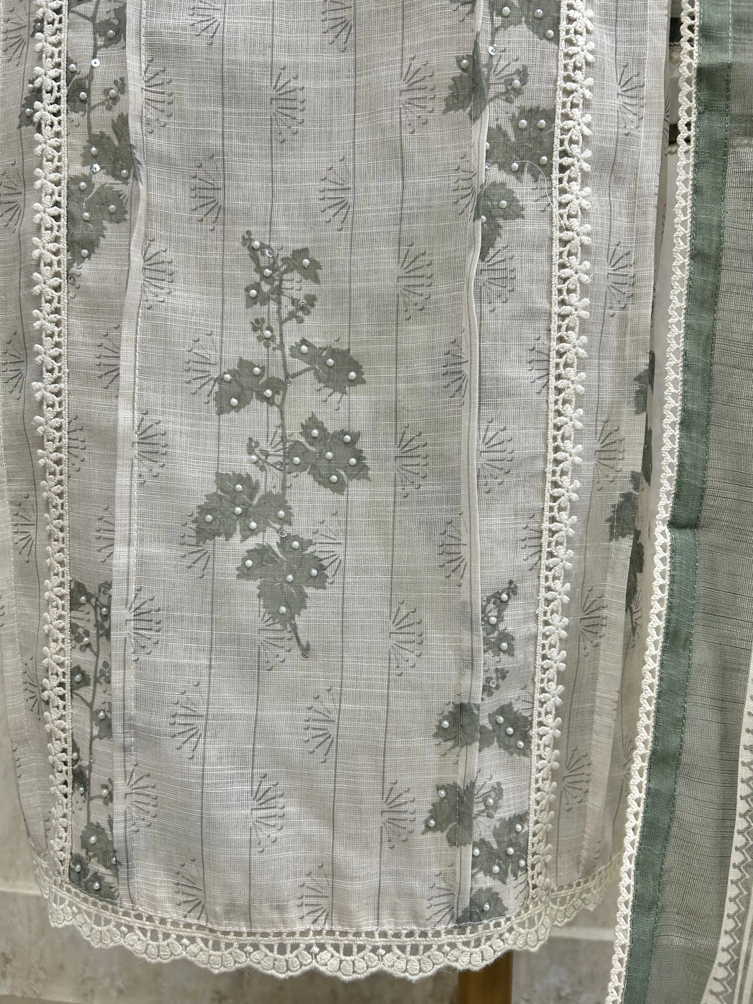 Linen Unstitched Suit Set With Leaf Prints