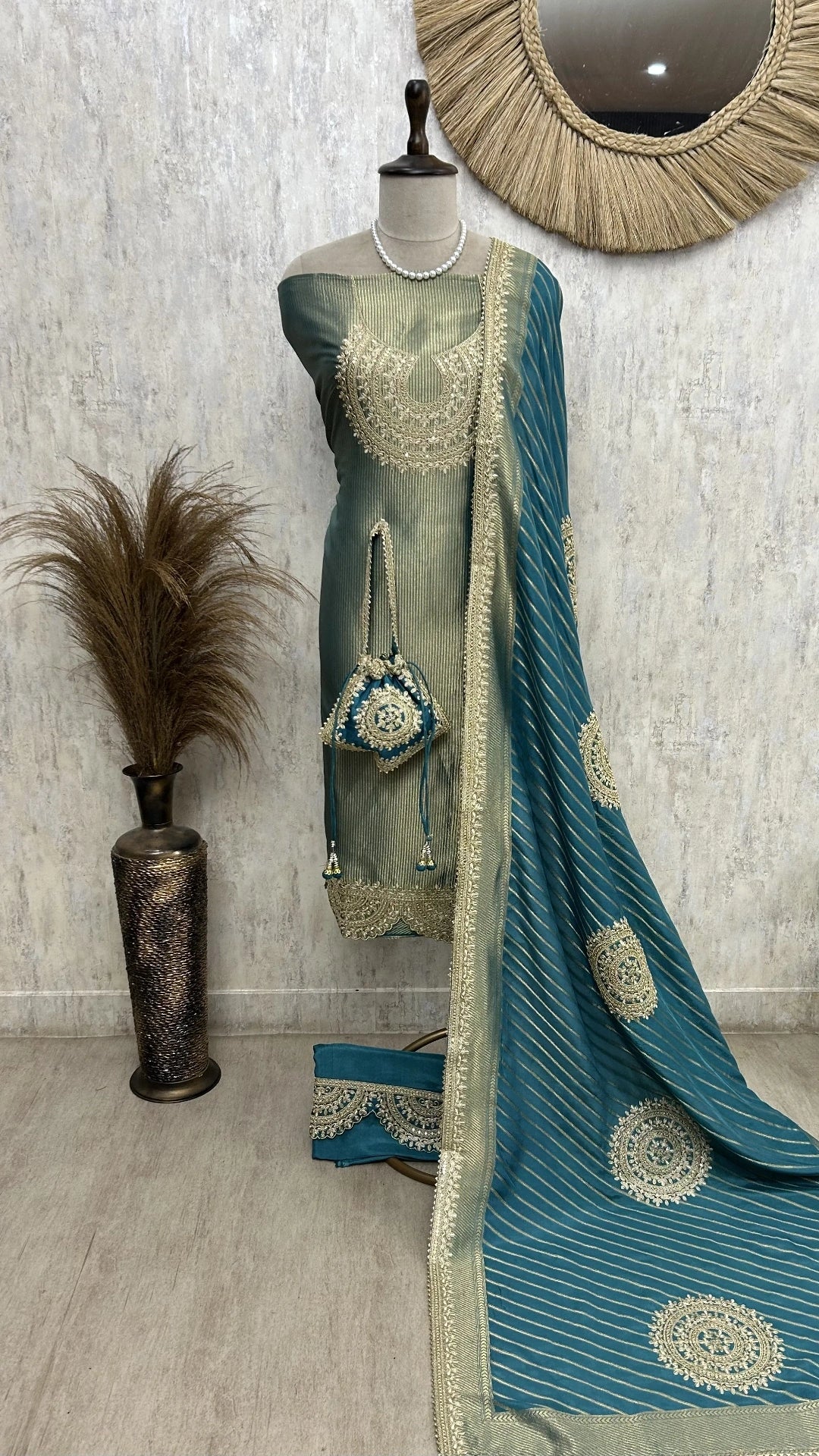 Tissue Unstitched Suit with Potli