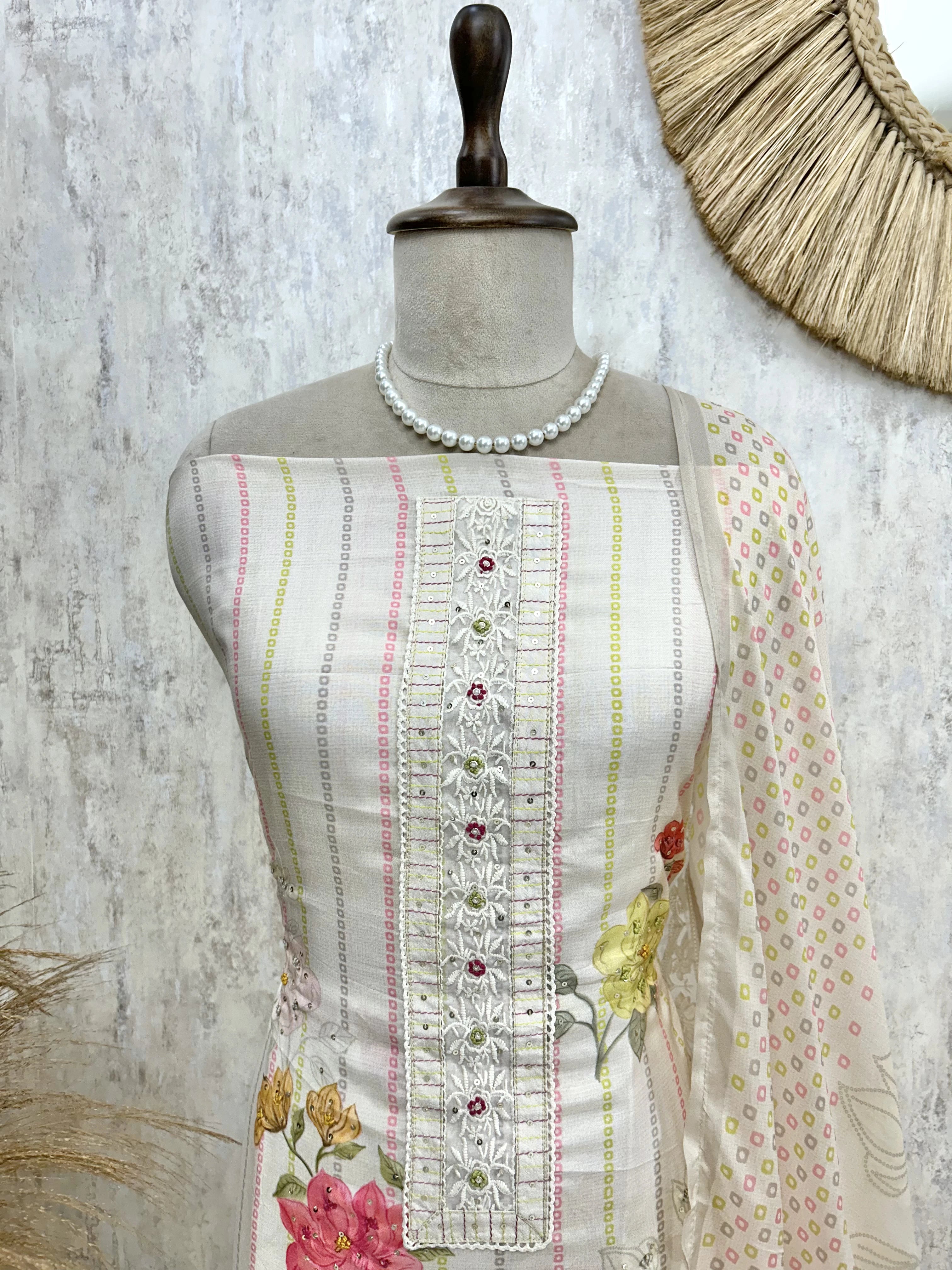 Printed Muslin Unstitched Suit Set With Sequence Work