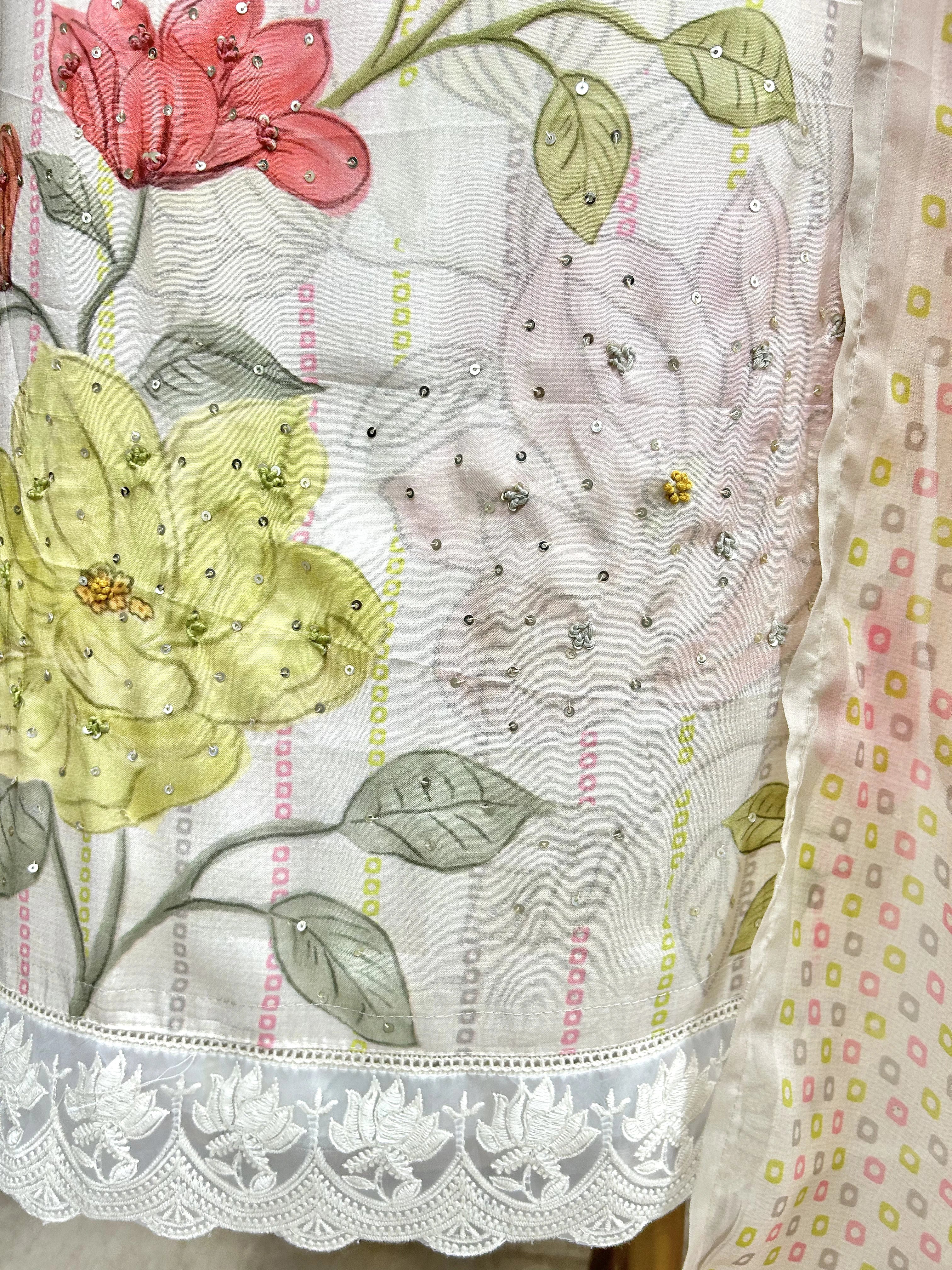 Printed Muslin Unstitched Suit Set With Sequence Work