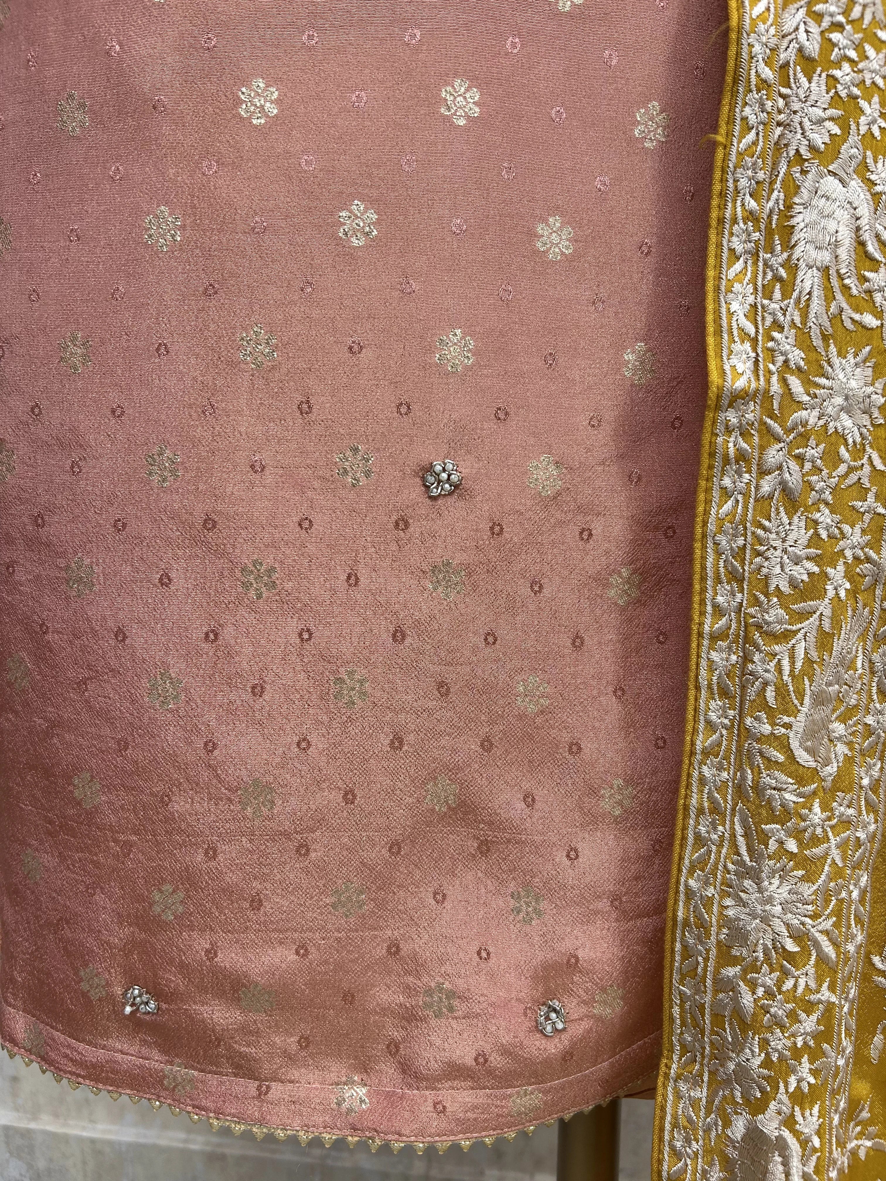 Tissue Silk Unstitched Suit Set With Parsi Dupatta