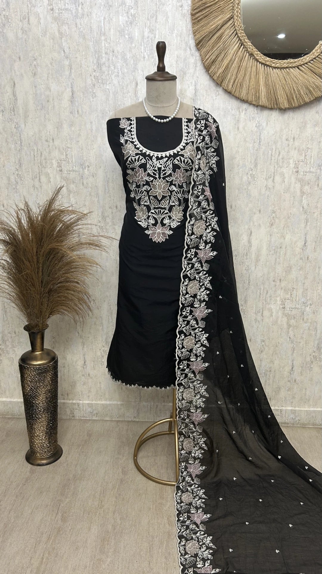 Mul Chanderi Unstitched Suit Set With Thread Embroidered Neckline