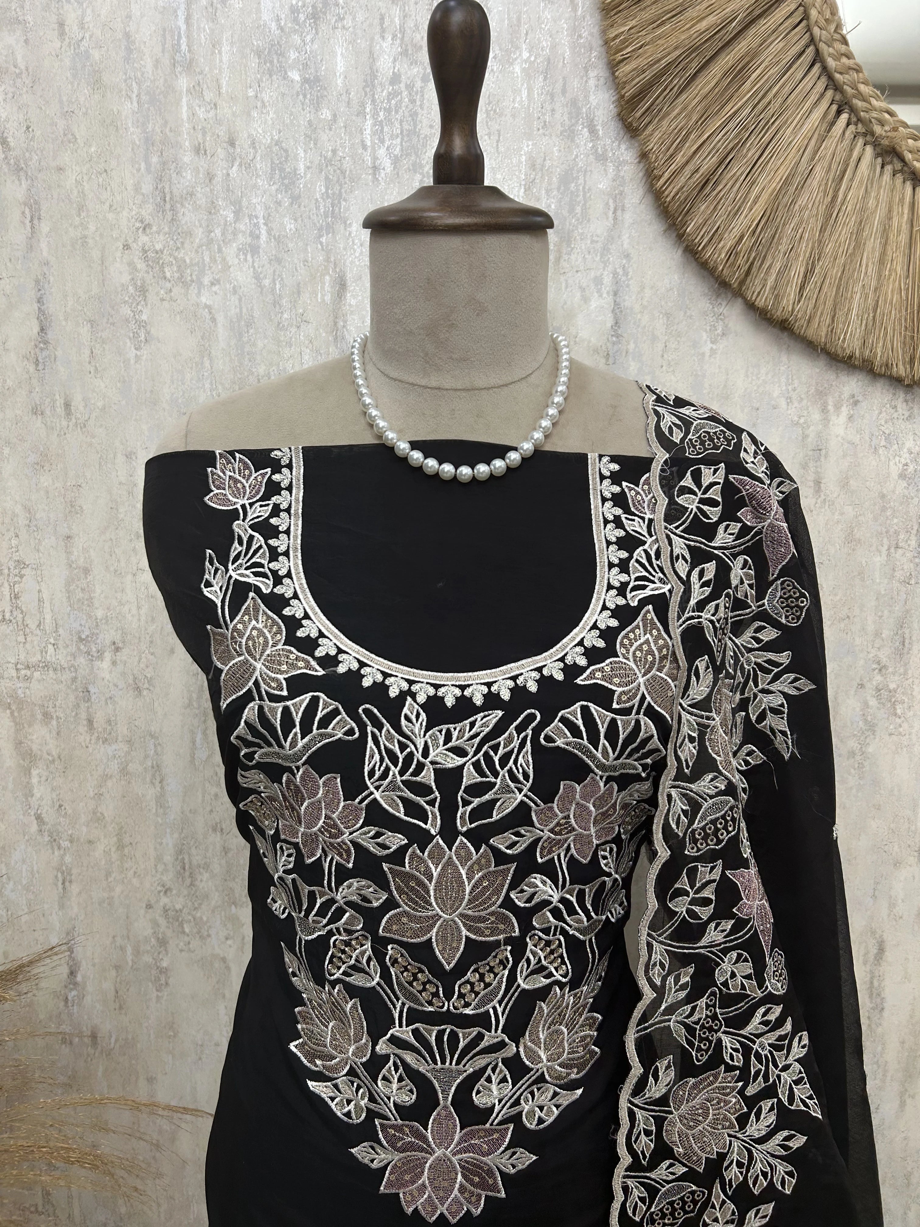 Mul Chanderi Unstitched Suit Set With Thread Embroidered Neckline