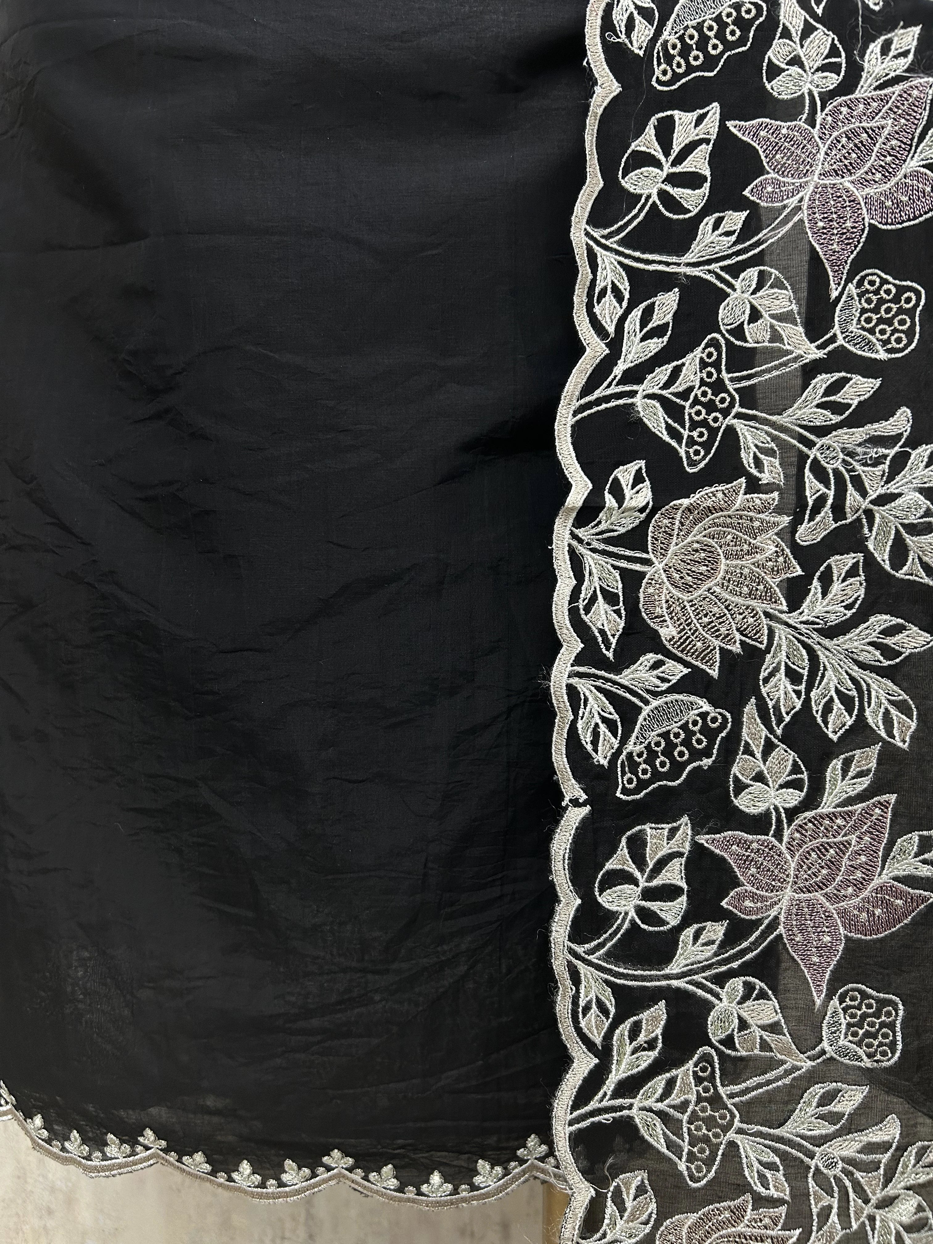 Mul Chanderi Unstitched Suit Set With Thread Embroidered Neckline