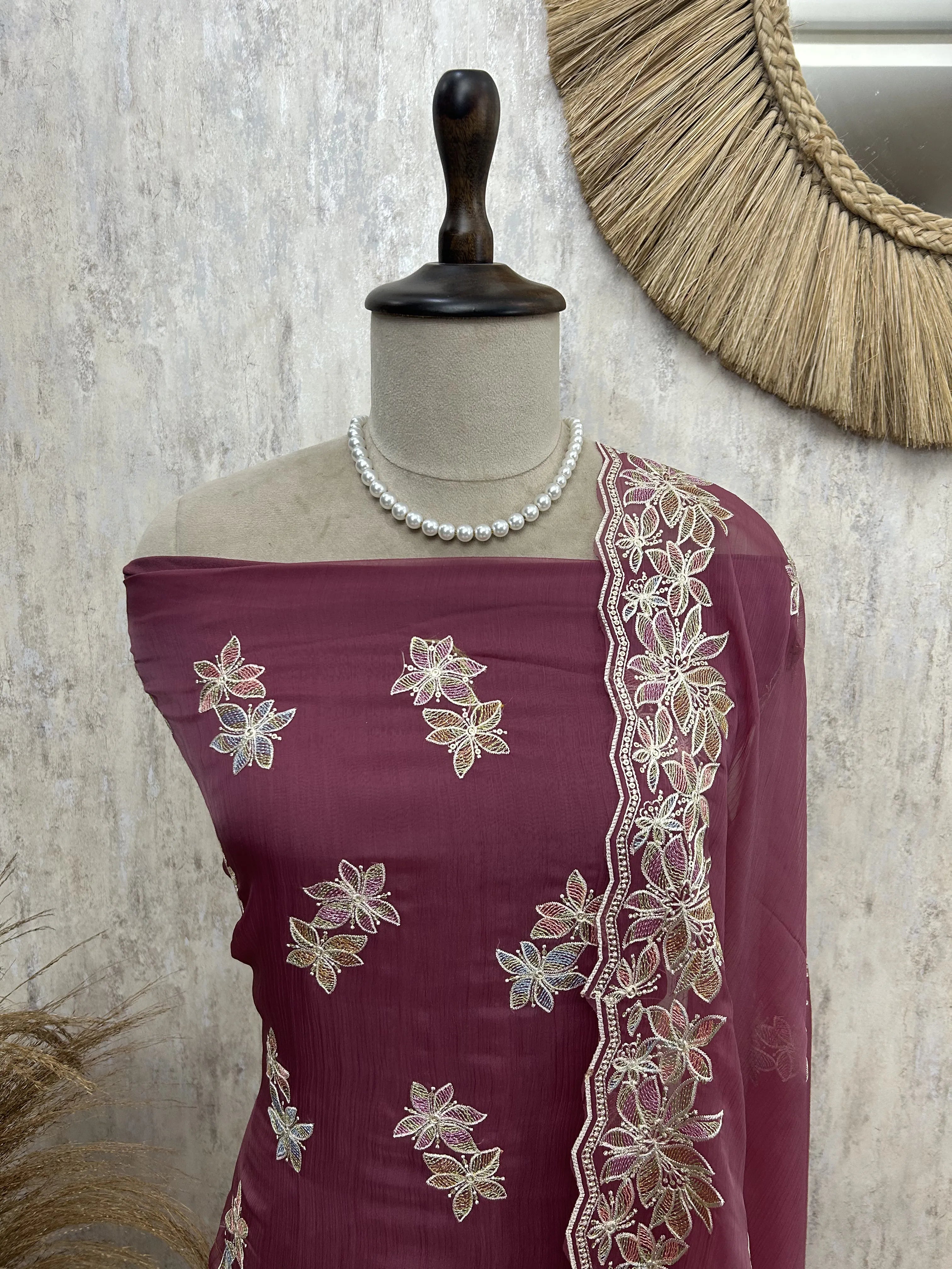 Chiffon Organza Unstitched Suit with Floral Embroidery