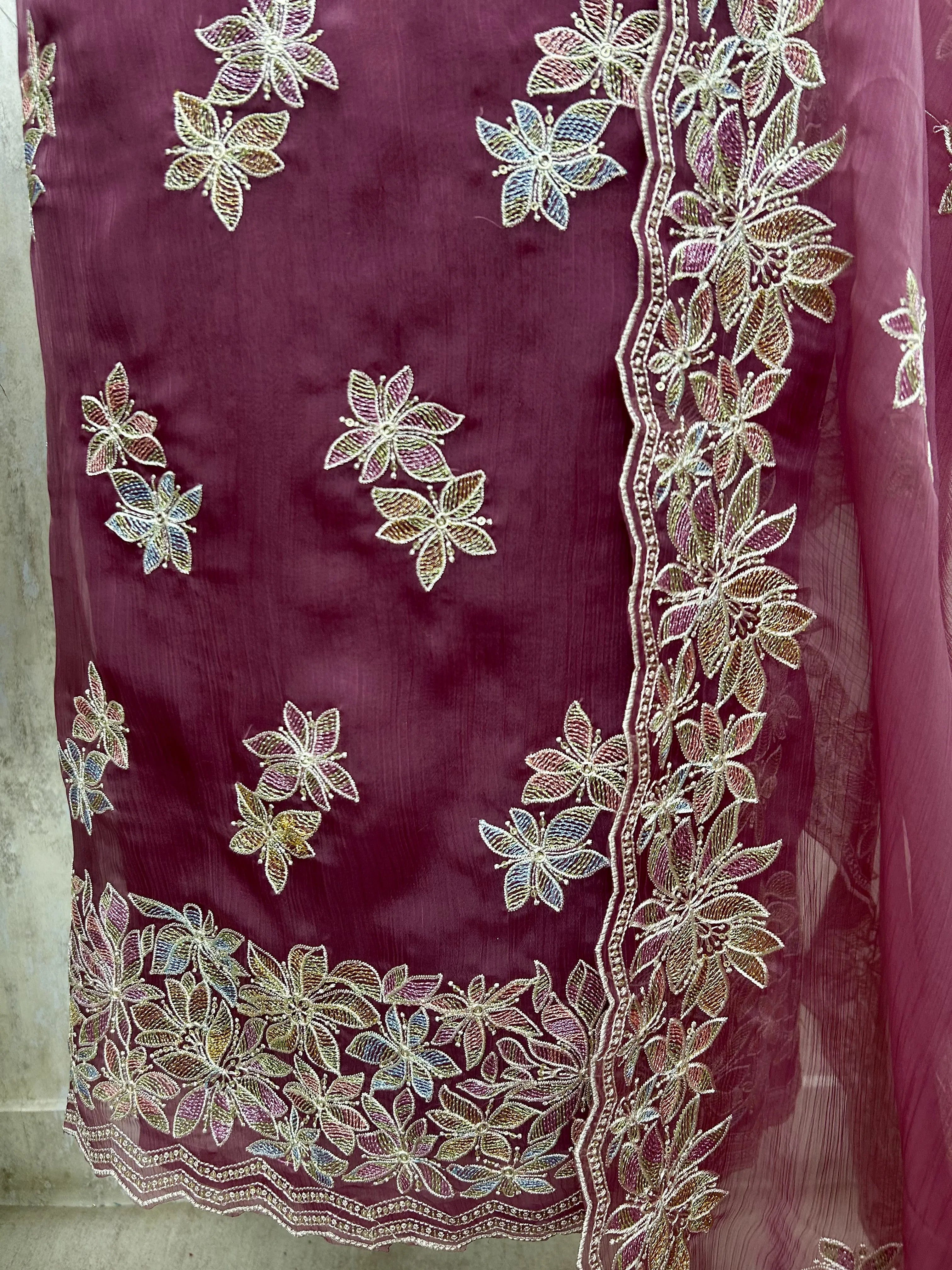 Chiffon Organza Unstitched Suit with Floral Embroidery