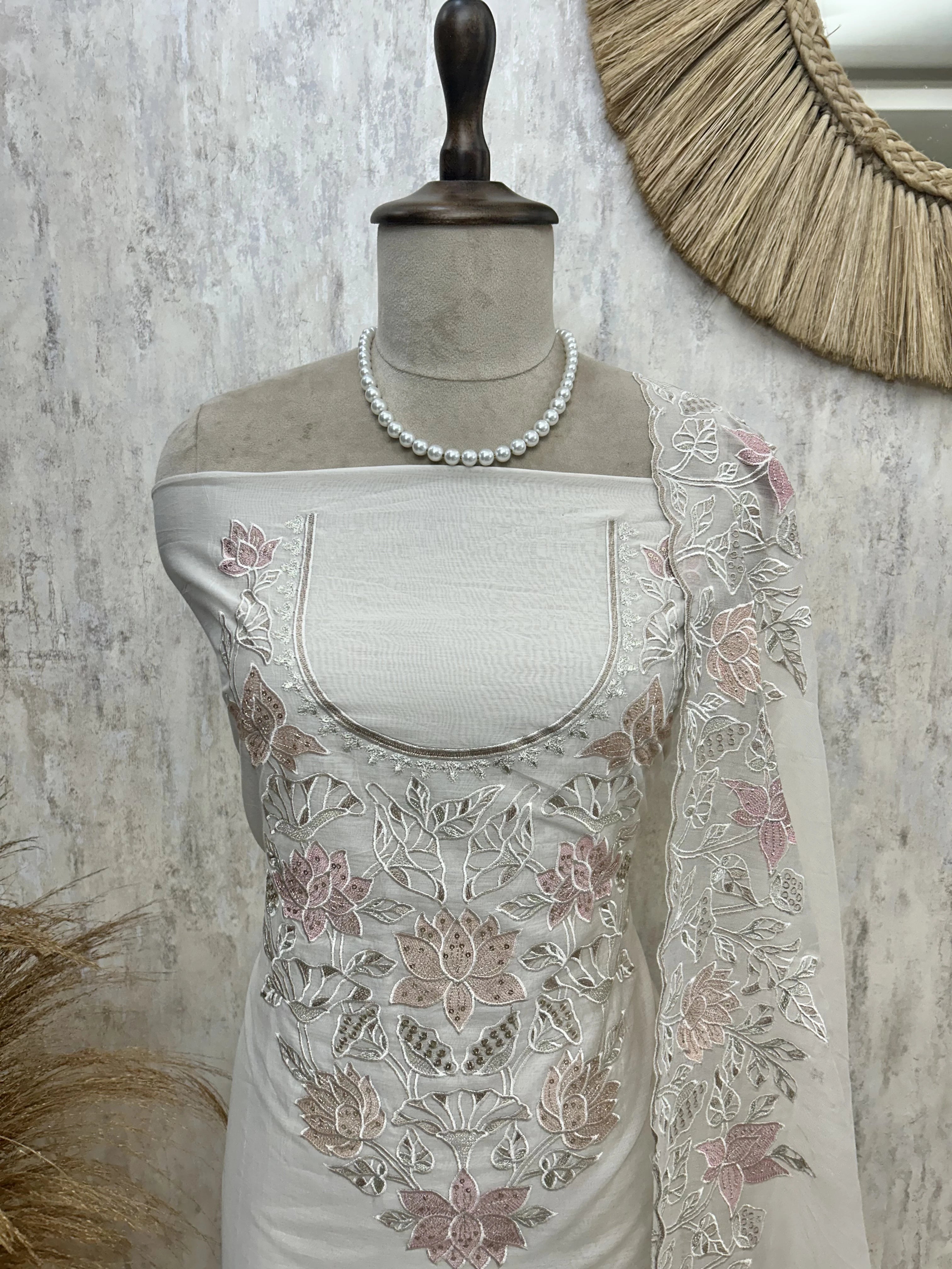 Mul Chanderi Unstitched Suit Set With Thread Embroidered Neckline