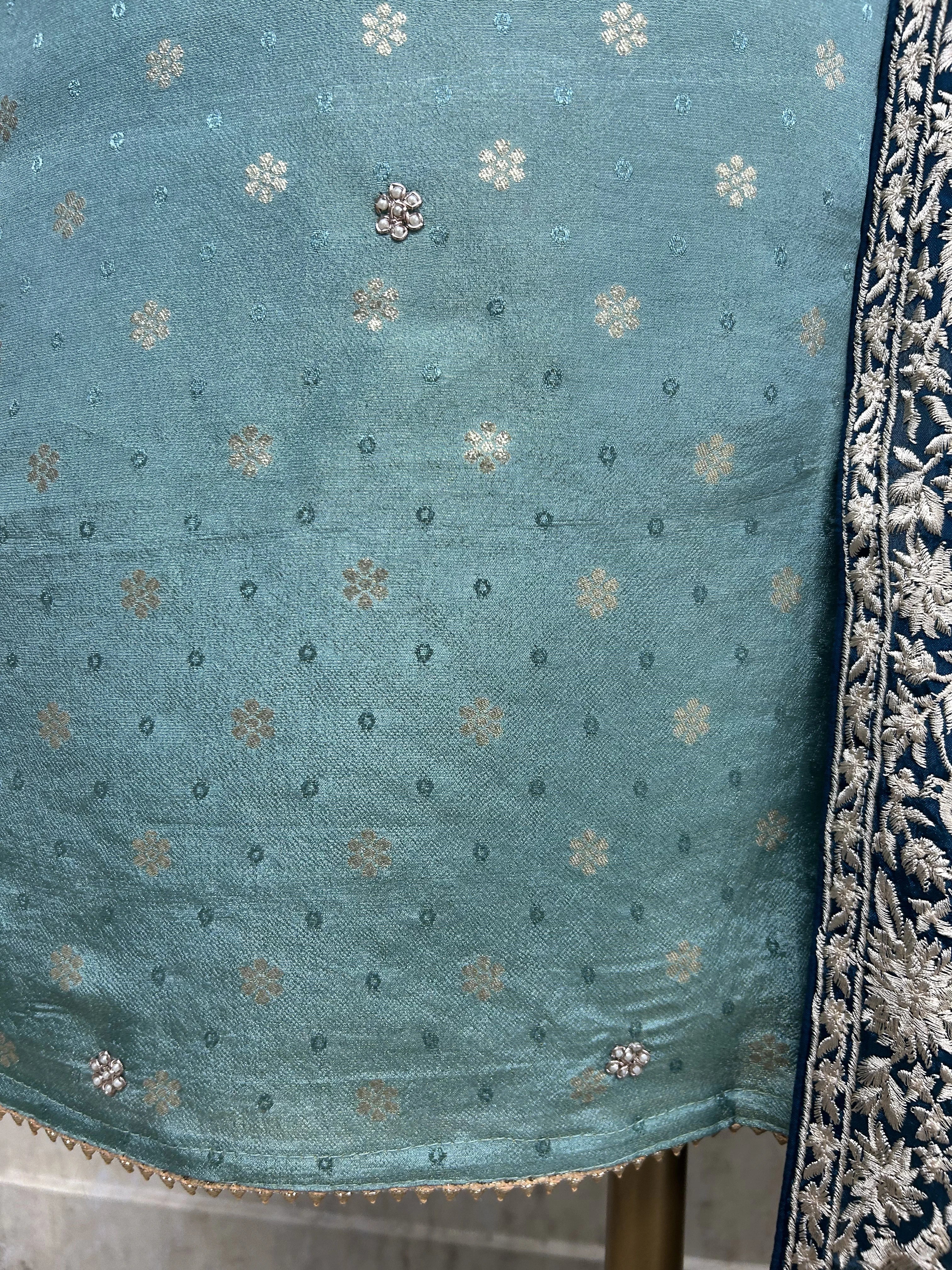 Tissue Silk Unstitched Suit Set With Parsi Dupatta