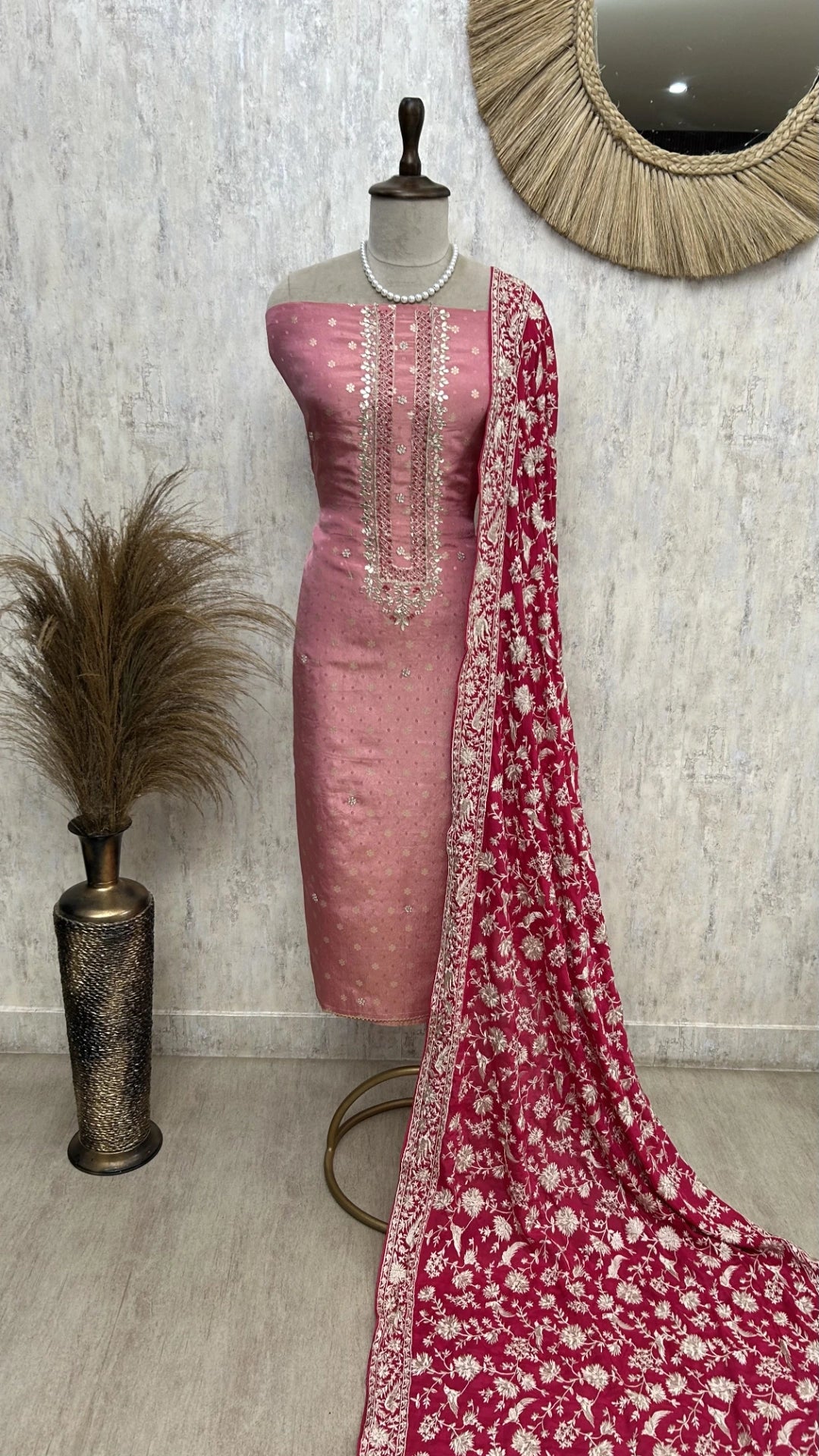 Tissue Silk Unstitched Suit Set With Parsi Dupatta