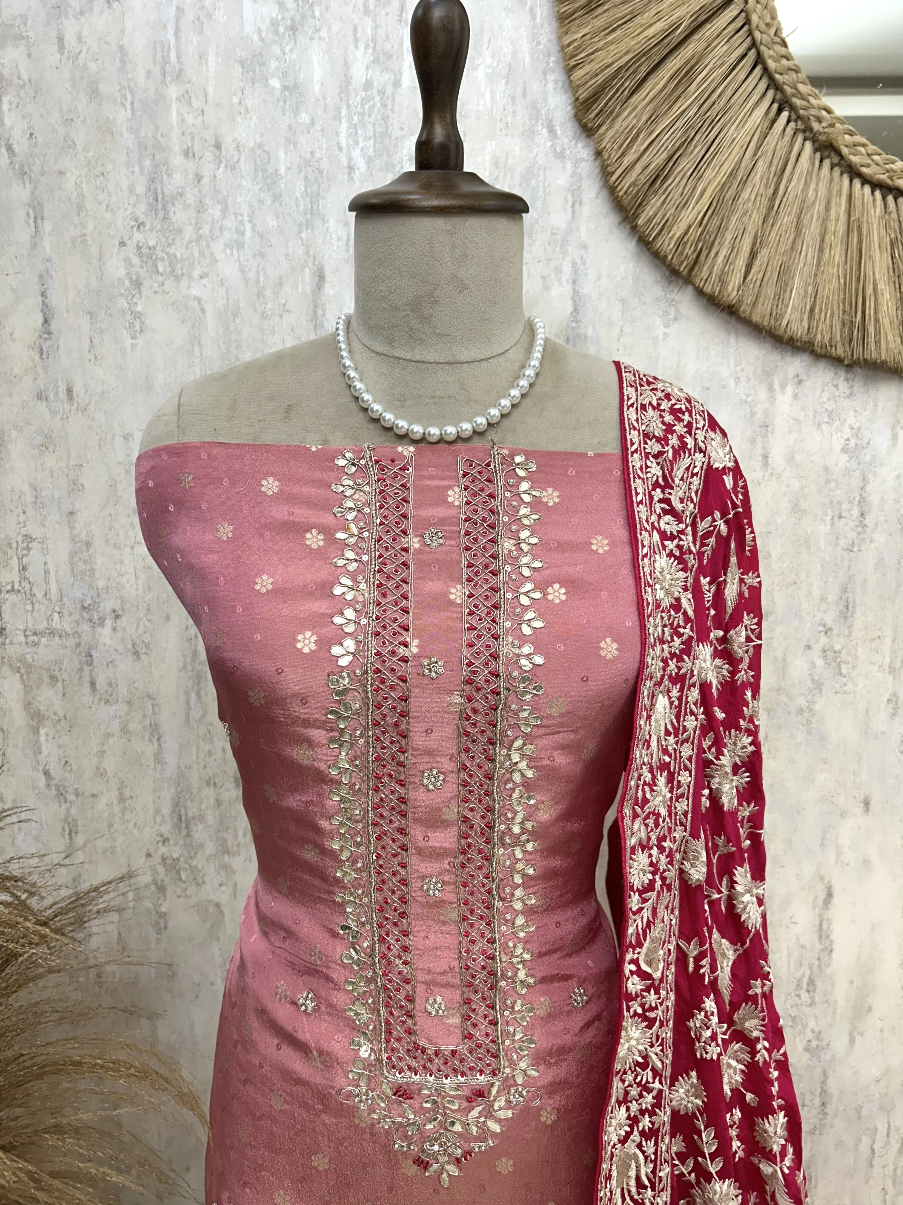 Tissue Silk Unstitched Suit Set With Parsi Dupatta