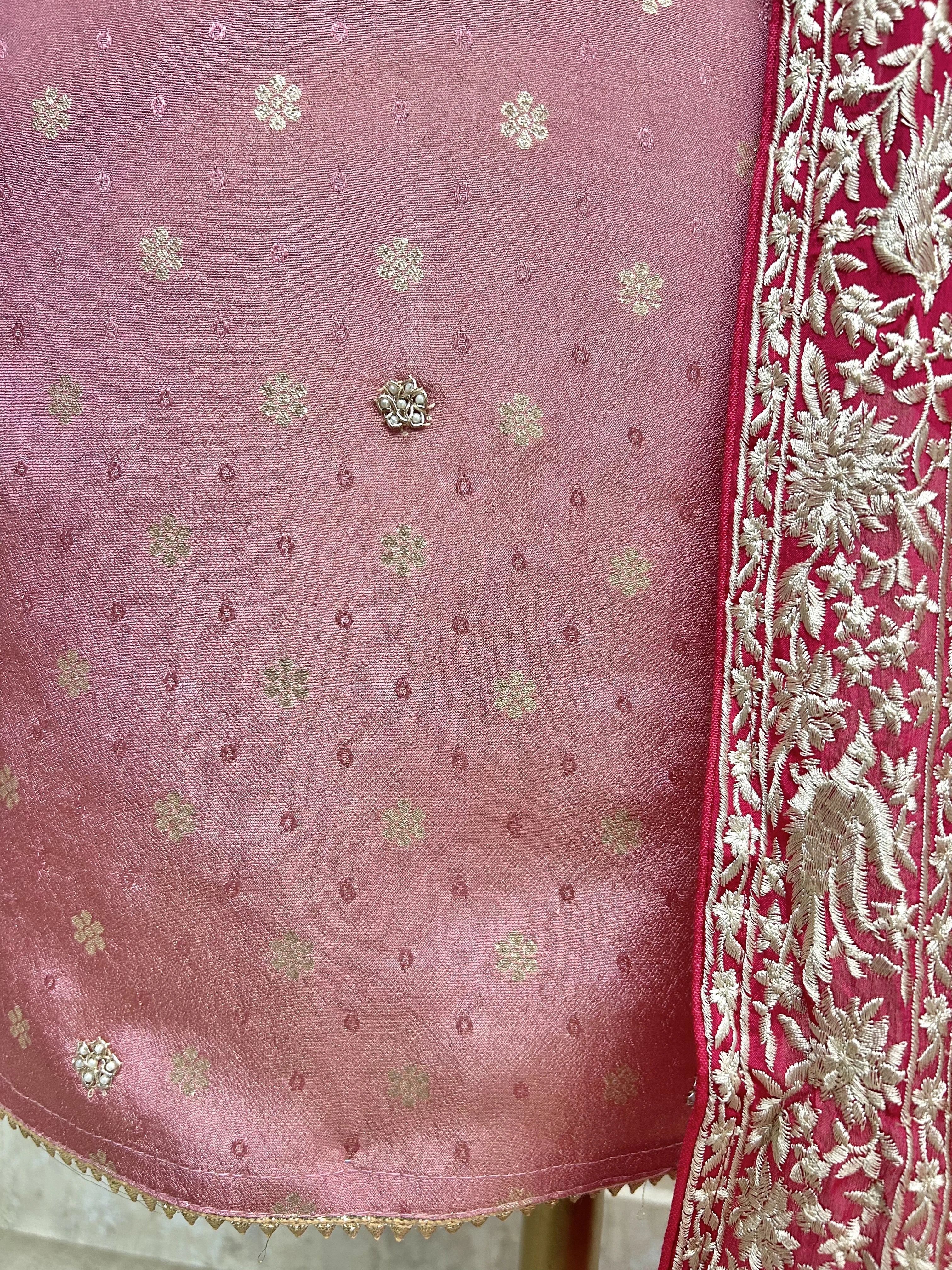 Tissue Silk Unstitched Suit Set With Parsi Dupatta