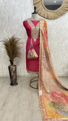 Crush Tissue unstitched suit with ombre floral dupatta & potli