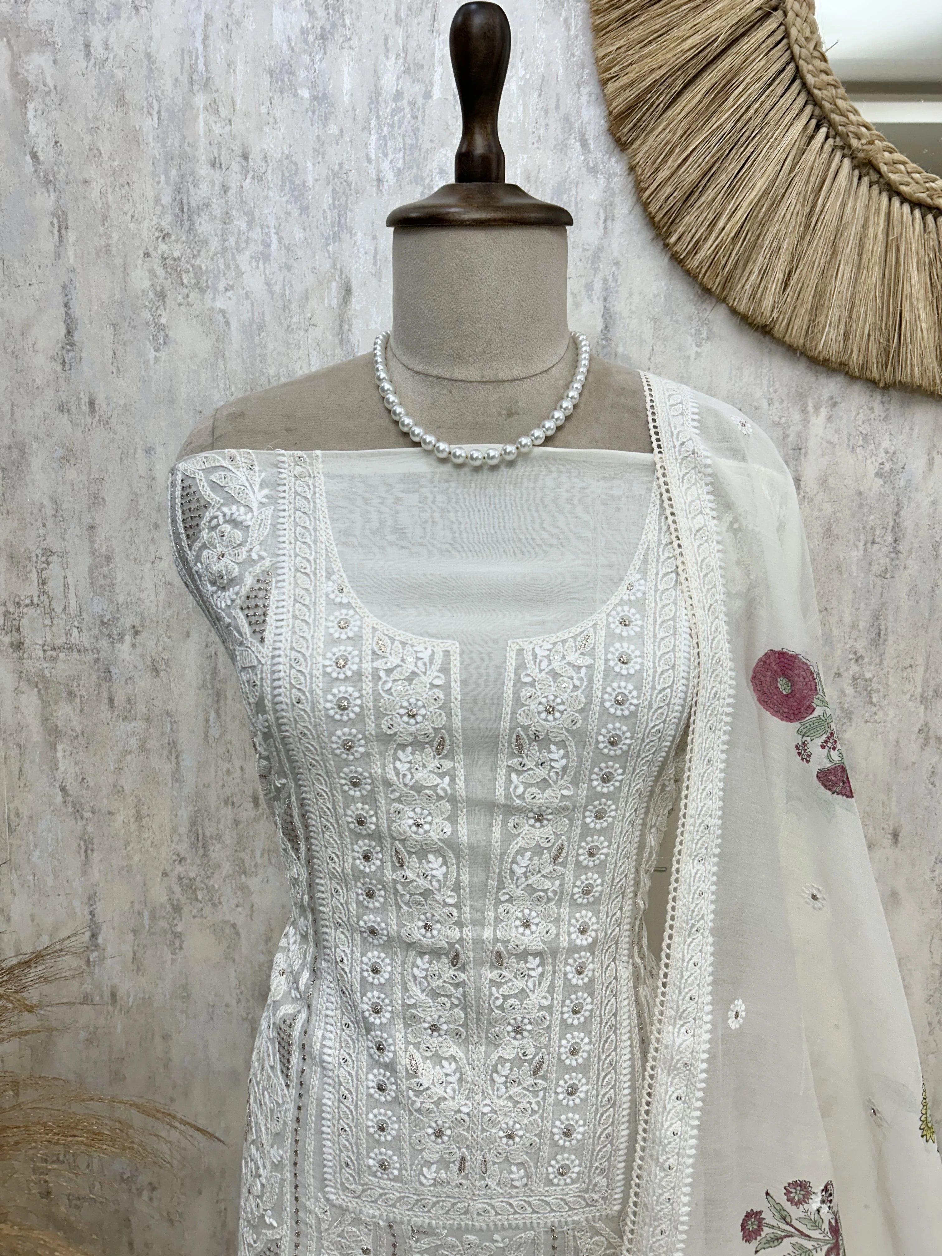 Mul Chanderi Unstitched Suit Set With Pearl Work