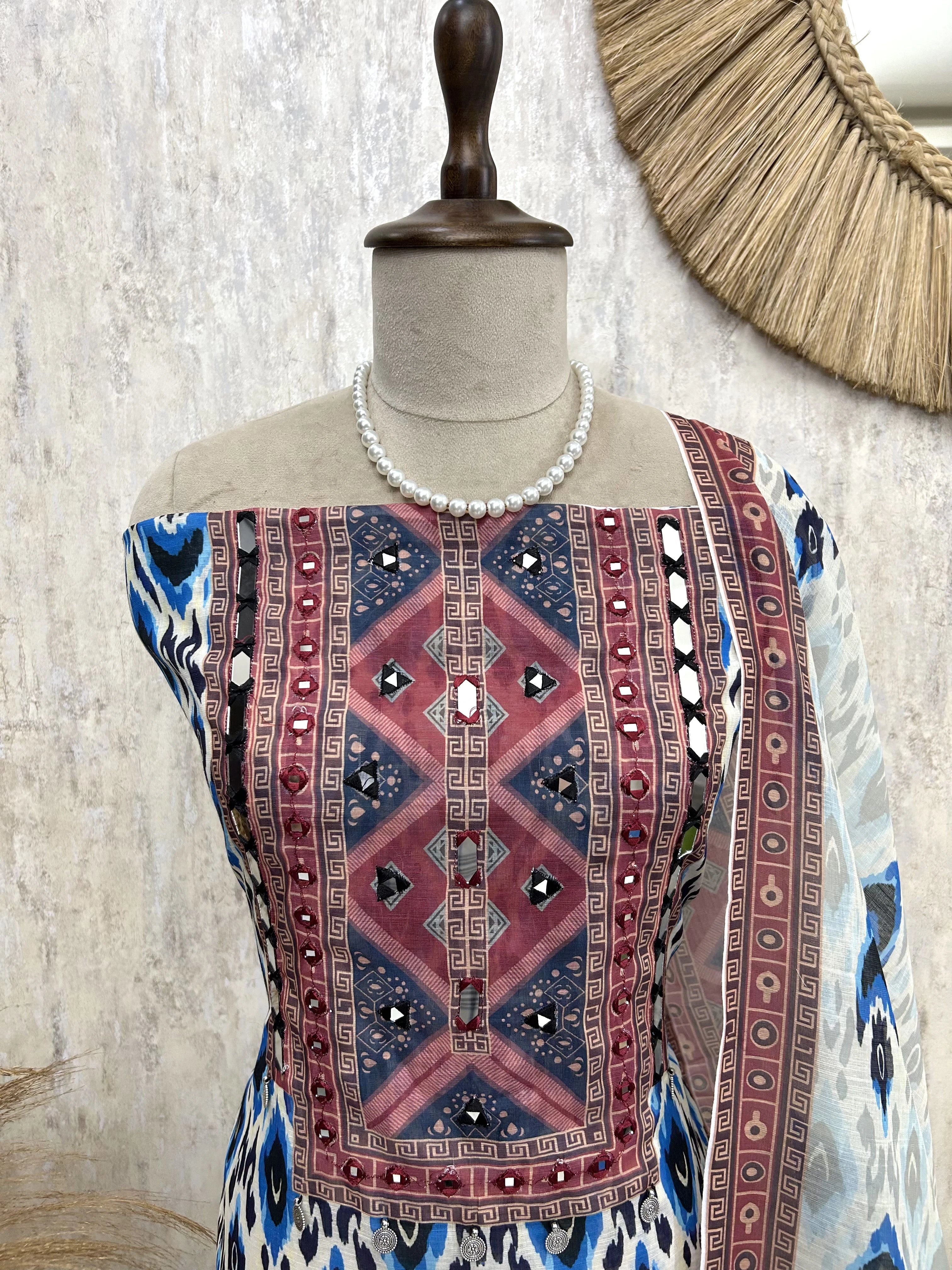 Ikat Print Linen Cotton Unstitched Suit Set With Coin Work