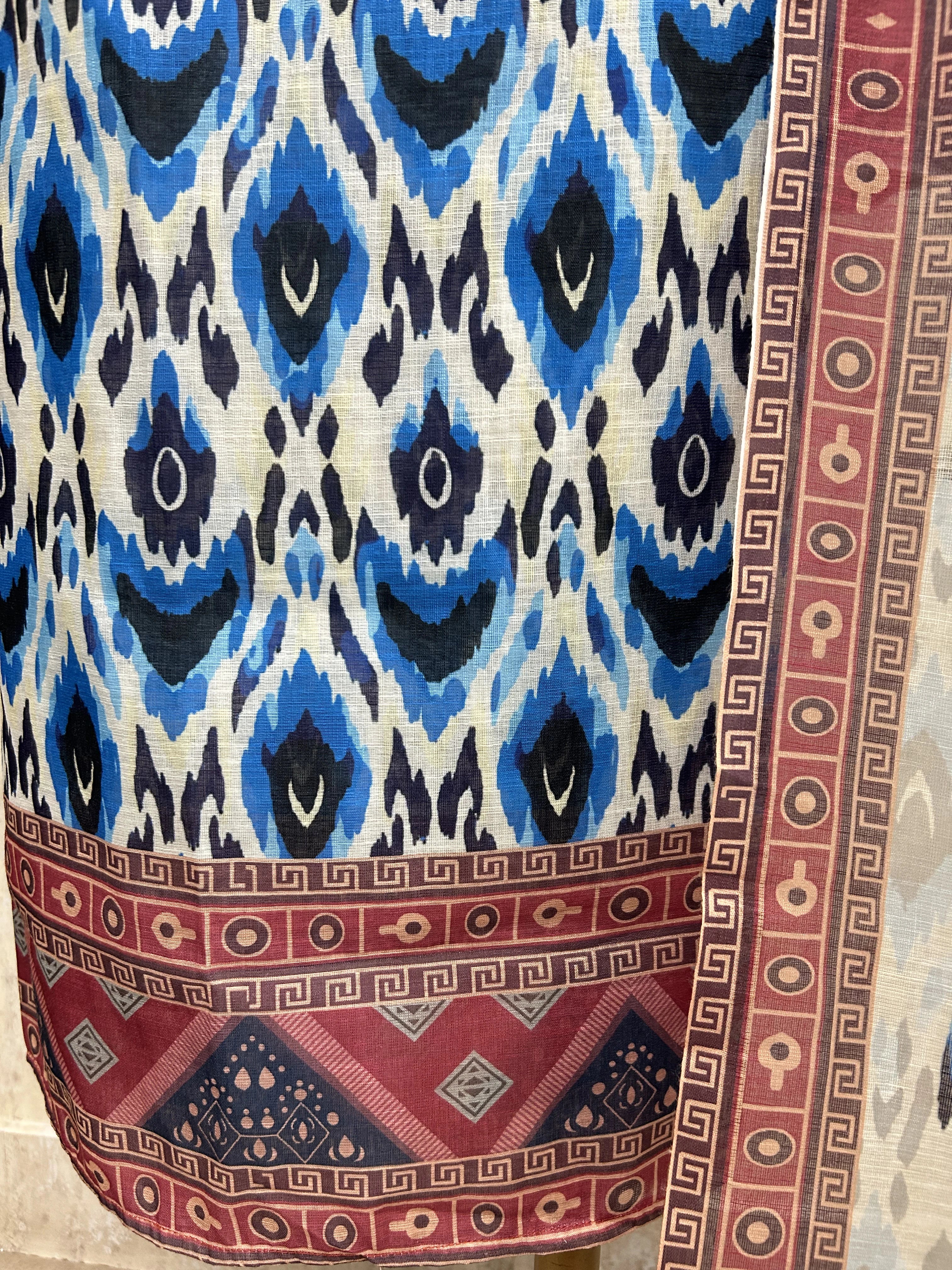 Ikat Print Linen Cotton Unstitched Suit Set With Coin Work