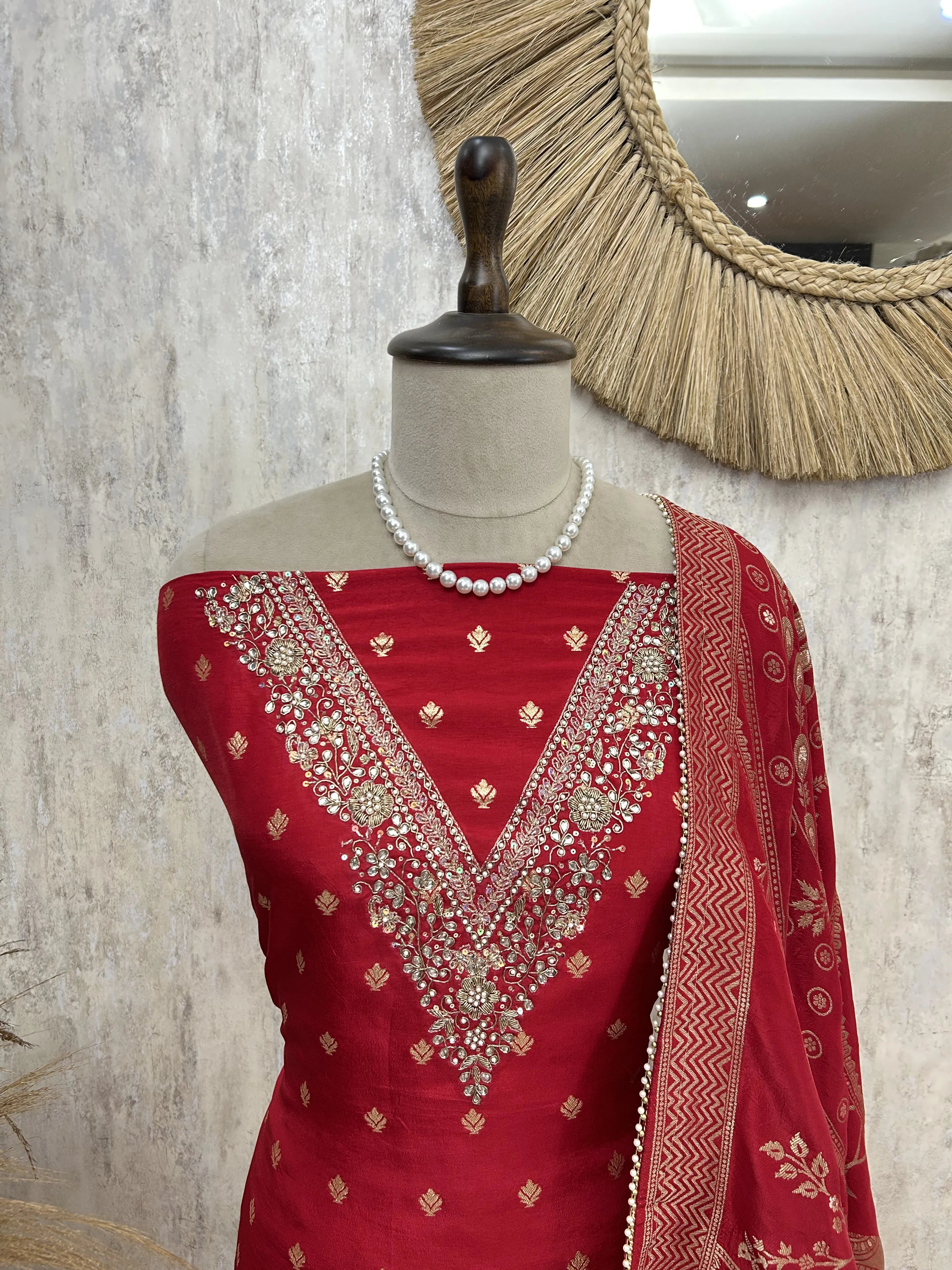 Dola Silk Unstitched suit with V neckline