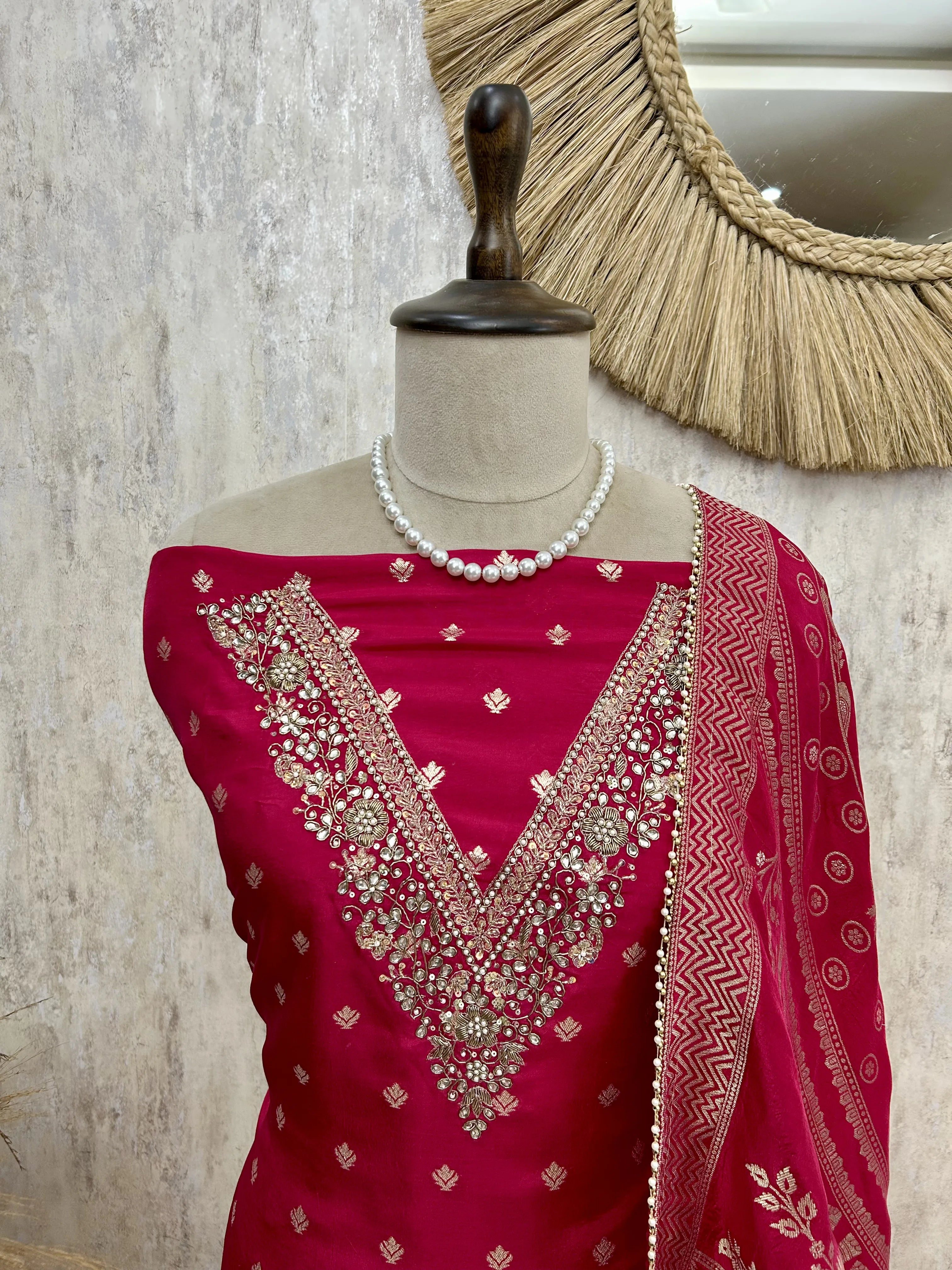 Dola Silk Unstitched suit with V neckline