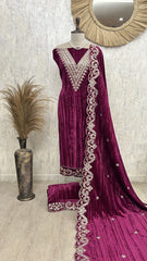 Velvet Unstitched suit with Mirror & Zari Work