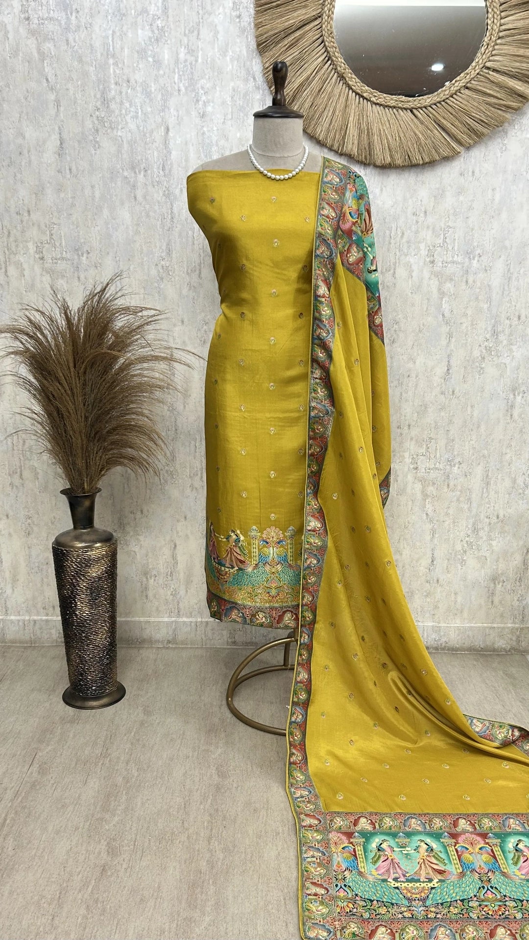 Fine Silk Unstitched Suit with Folk Motifs