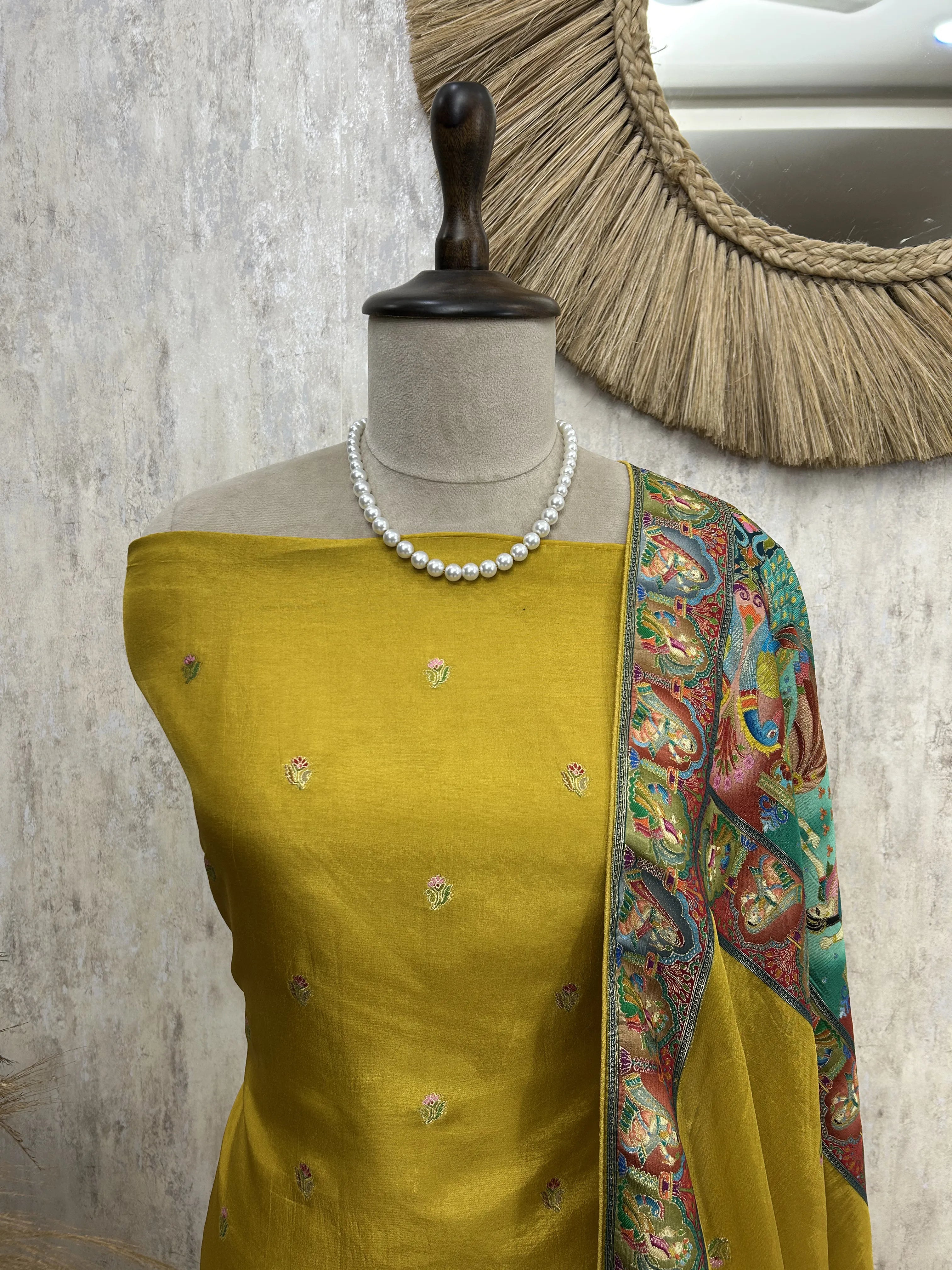 Fine Silk Unstitched Suit with Folk Motifs
