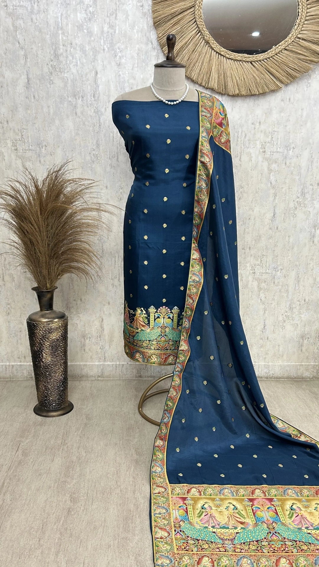 Fine Silk Unstitched Suit with Folk Motifs