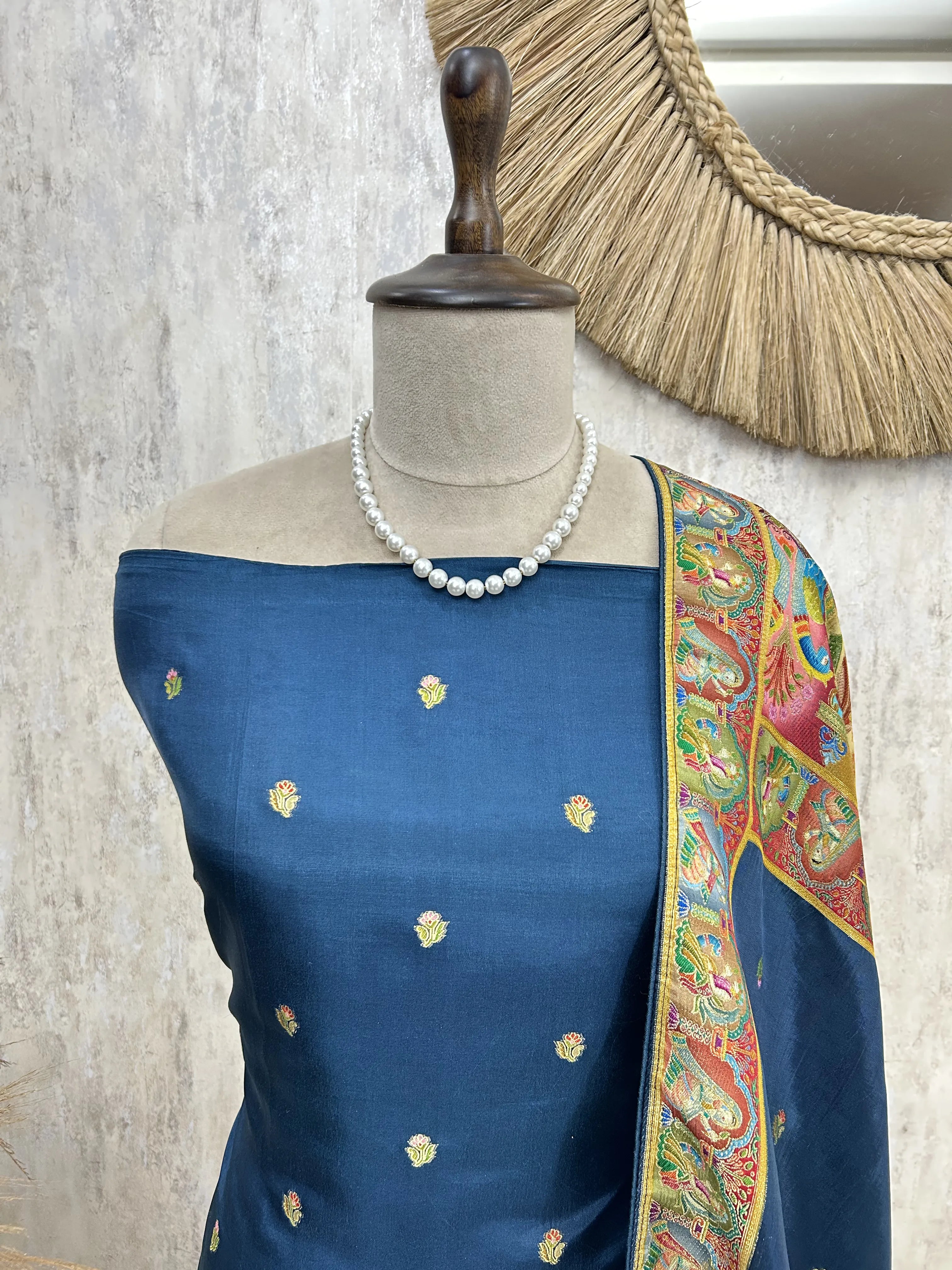 Fine Silk Unstitched Suit with Folk Motifs