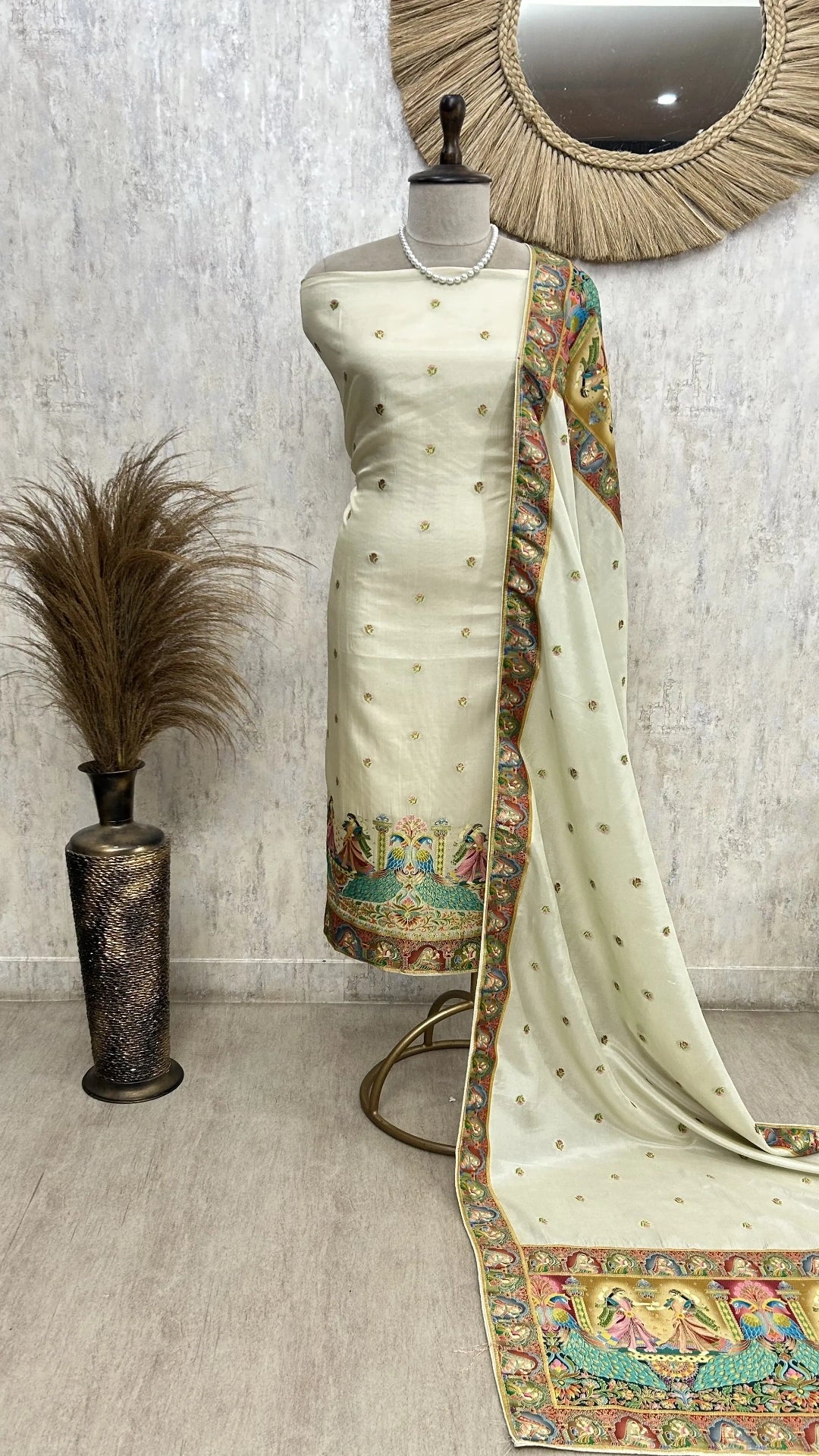 Fine Silk Unstitched Suit with Folk Motifs