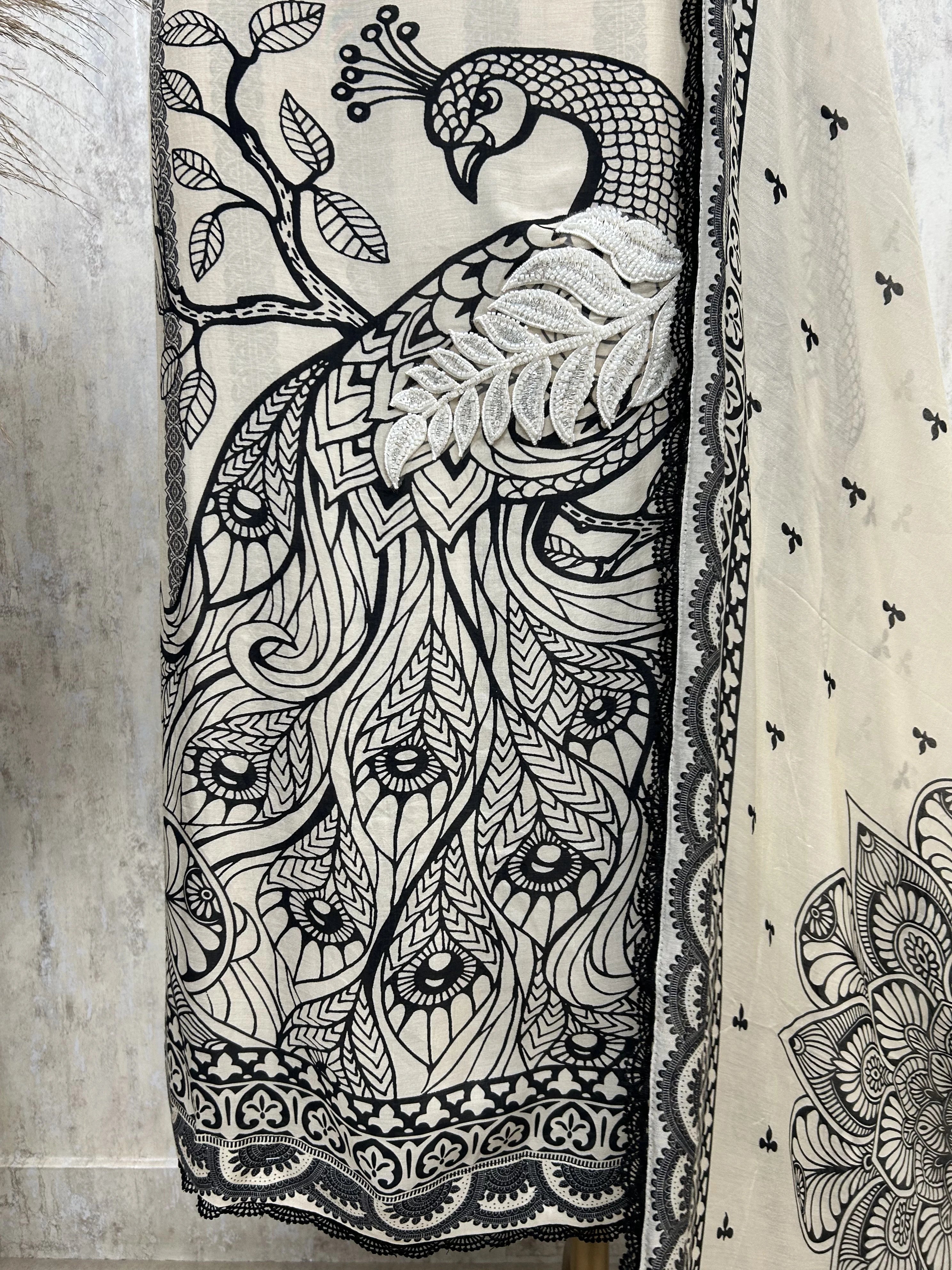 Embroidered Peacock Muslin Unstitched Suit Set