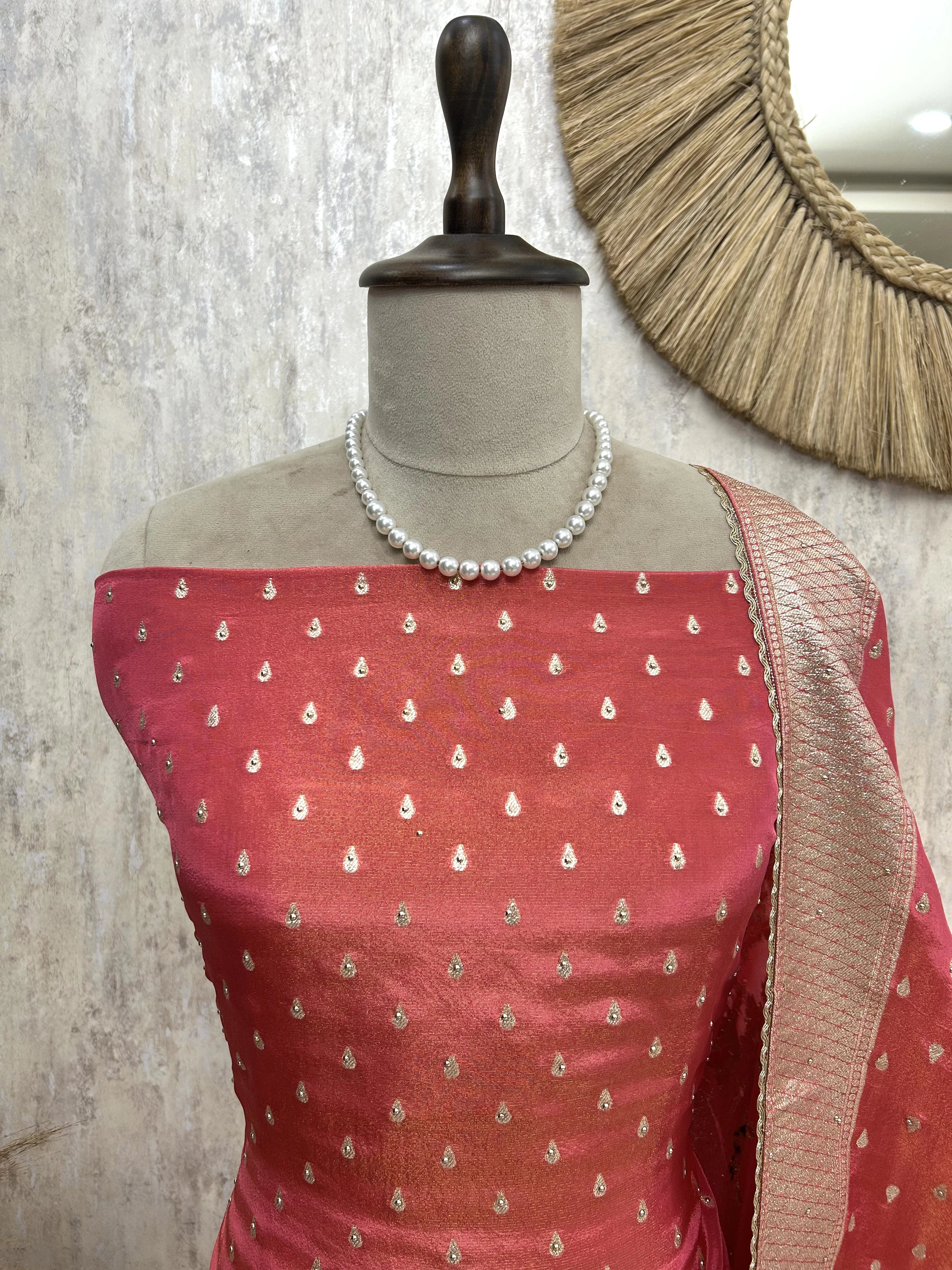 Tissue Unstitched Suit Set With Embroidered Hemline