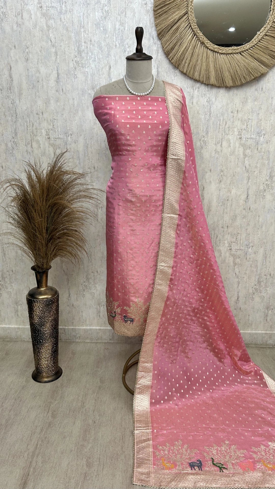 Tissue Unstitched Suit Set With Embroidered Hemline