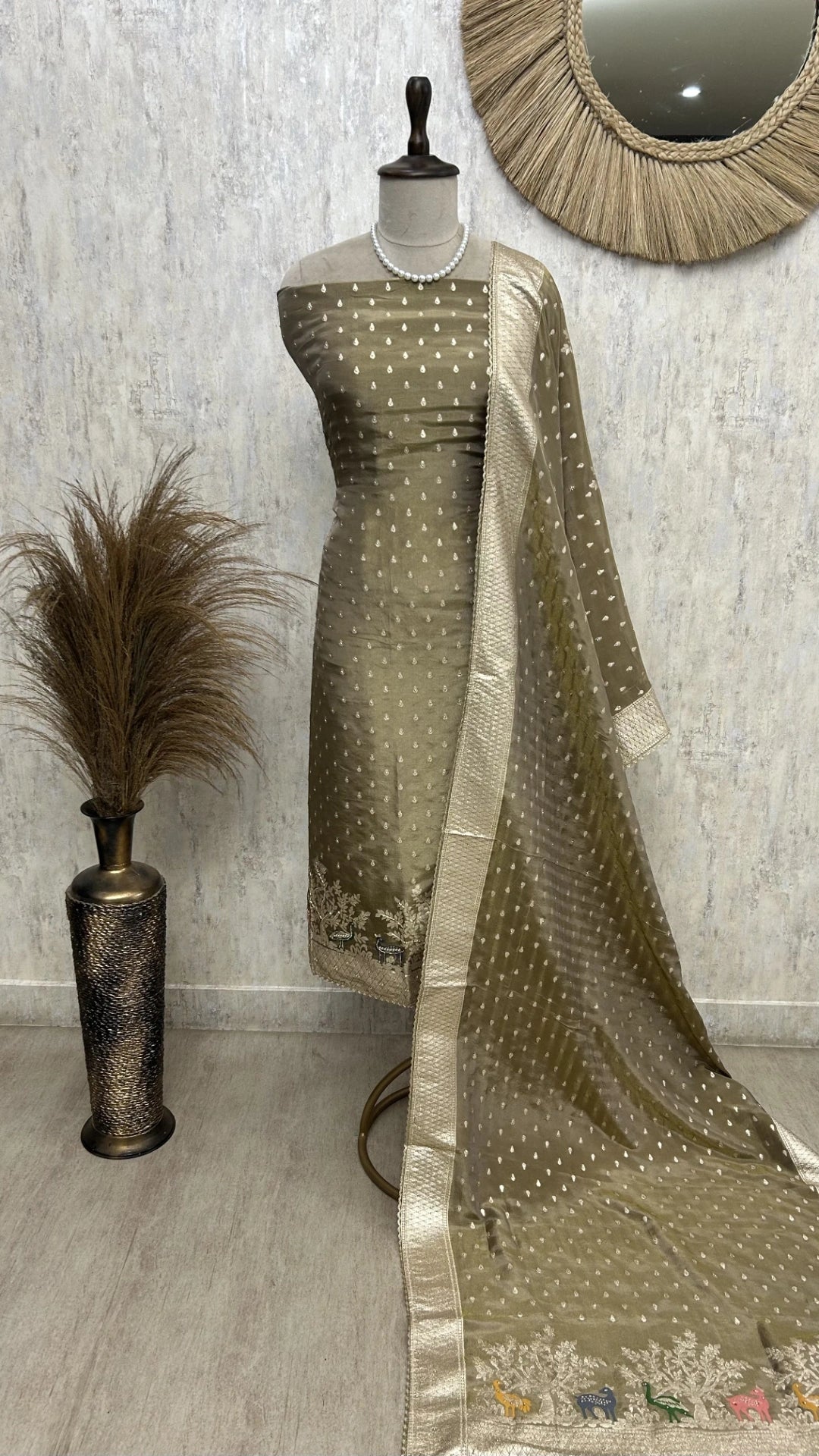 Tissue Unstitched Suit Set With Embroidered Hemline