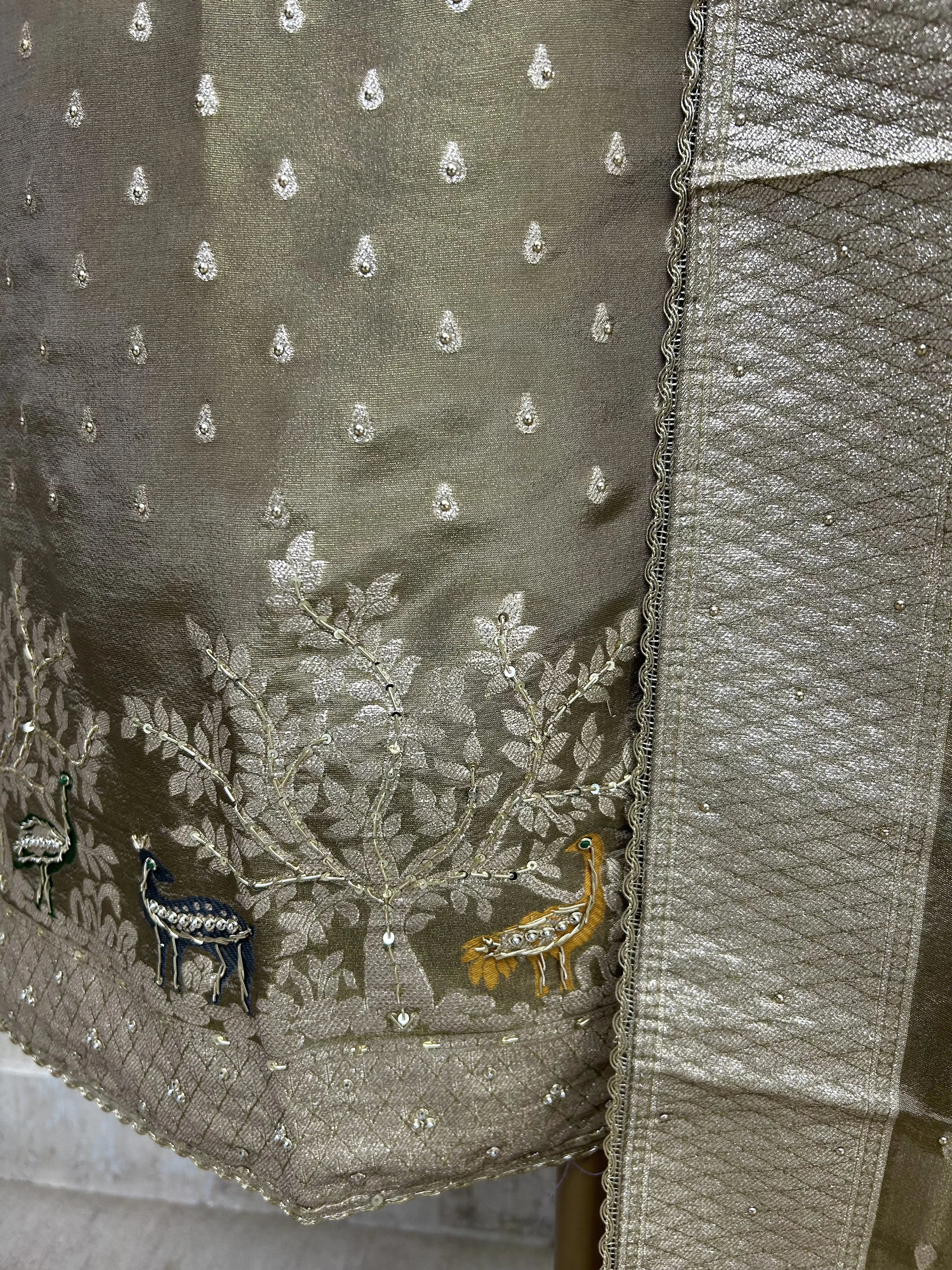 Tissue Unstitched Suit Set With Embroidered Hemline