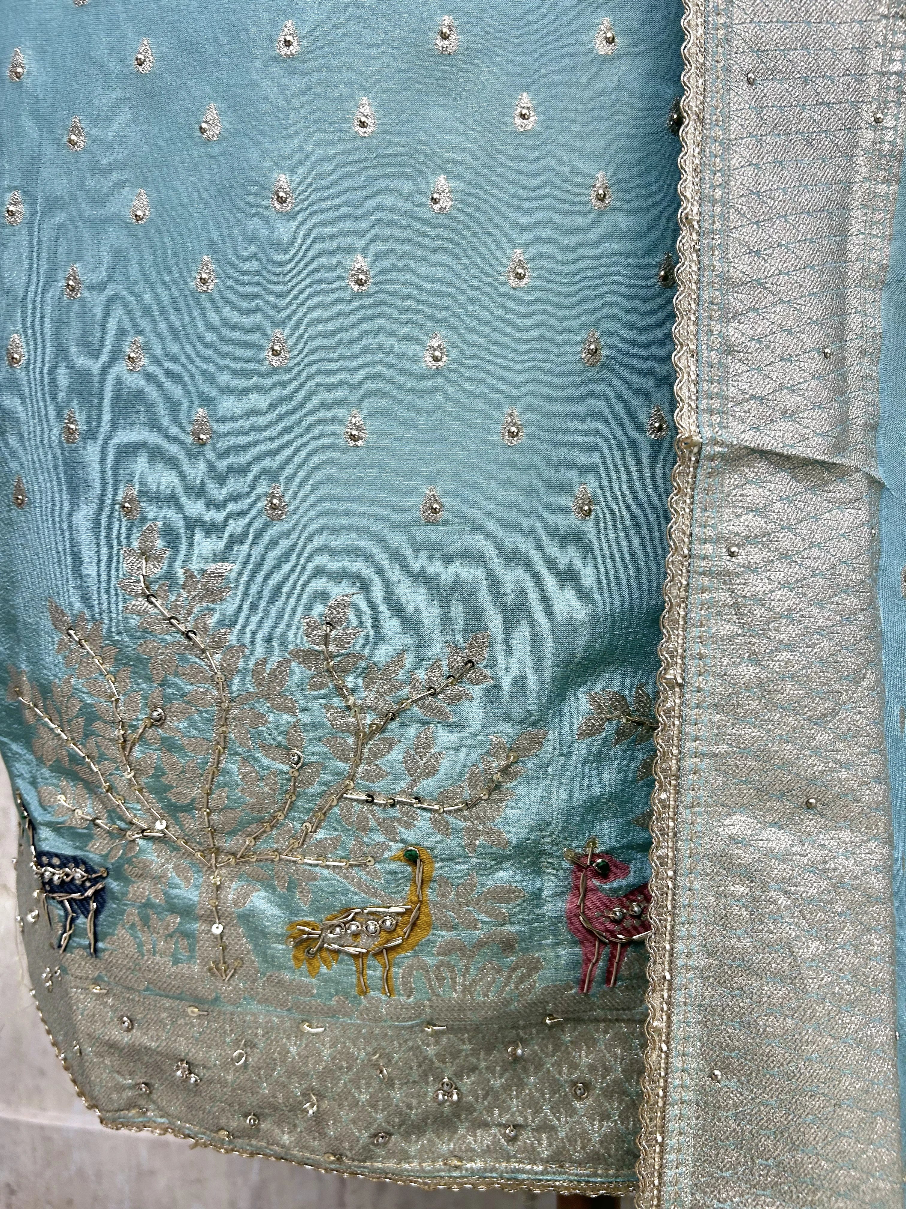 Tissue Unstitched Suit Set With Embroidered Hemline