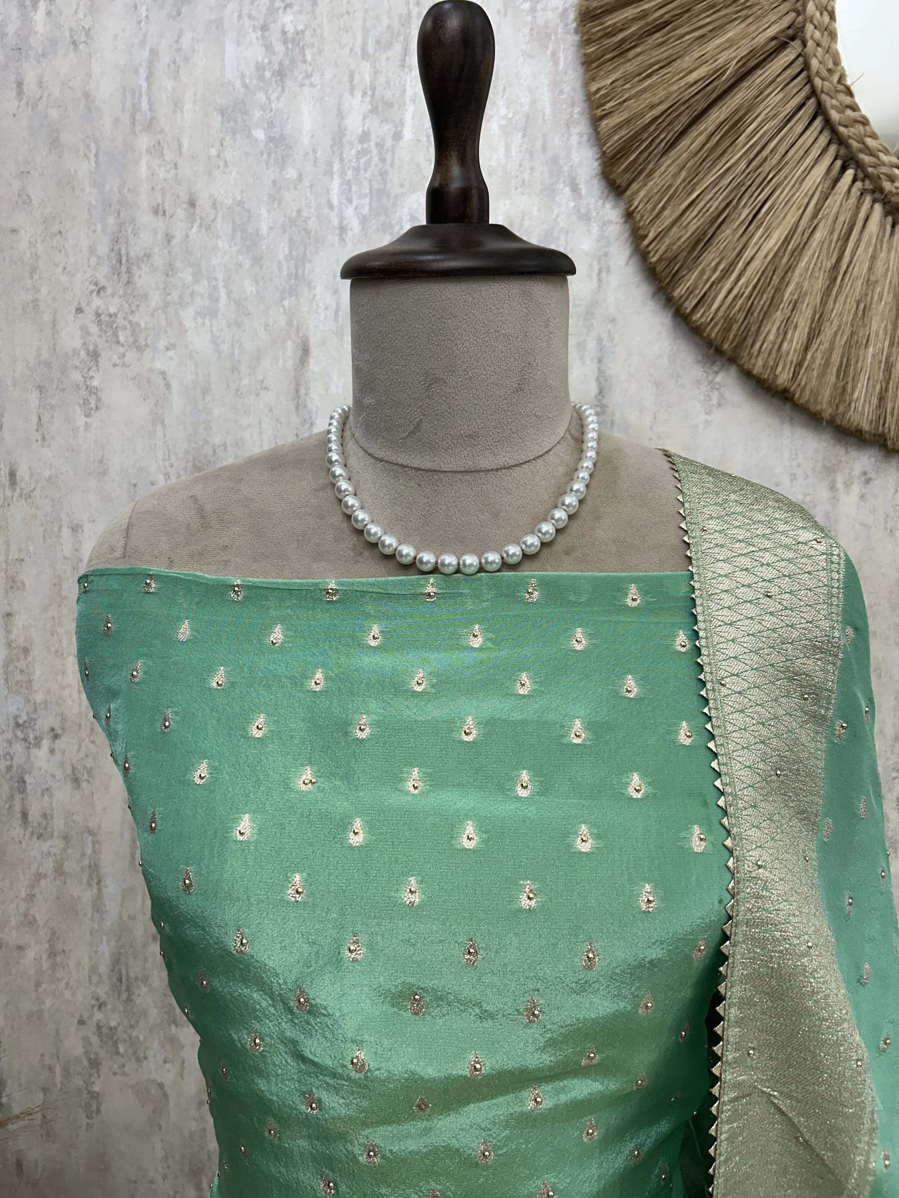 Tissue Unstitched Suit Set With Embroidered Hemline