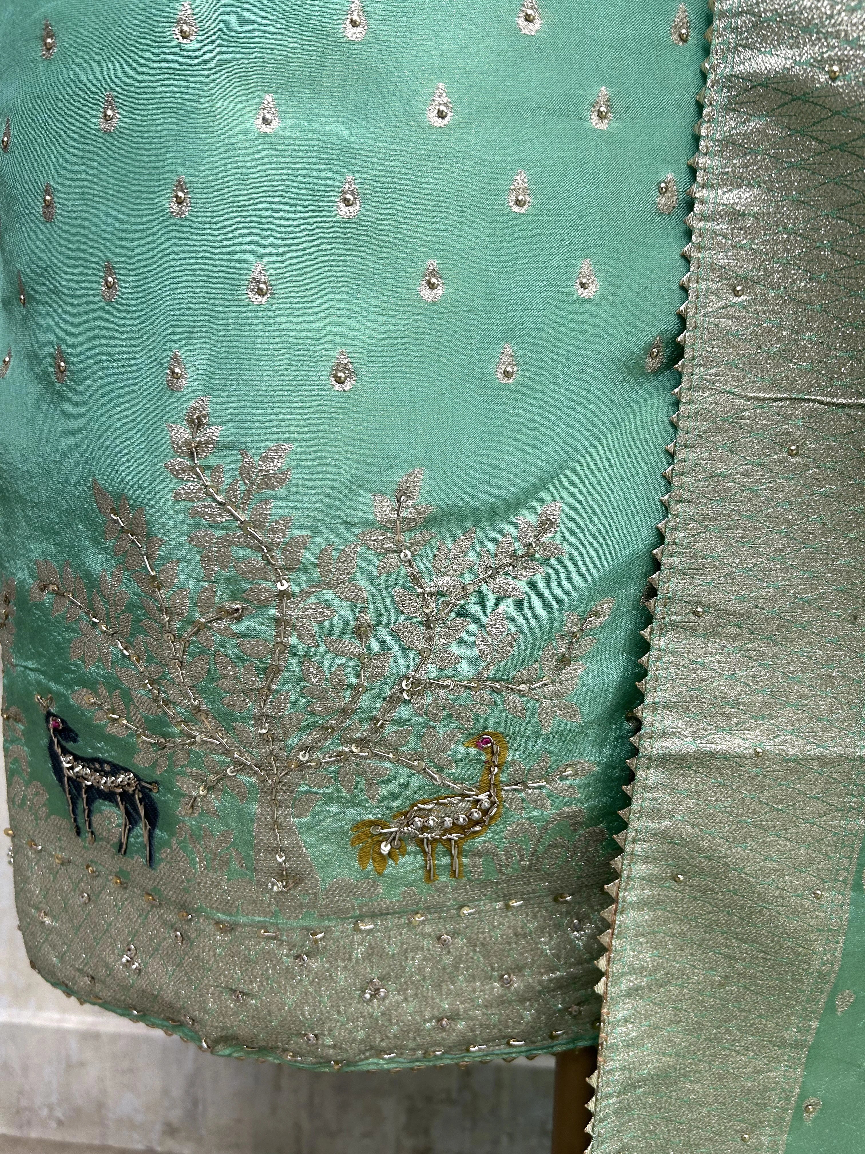 Tissue Unstitched Suit Set With Embroidered Hemline