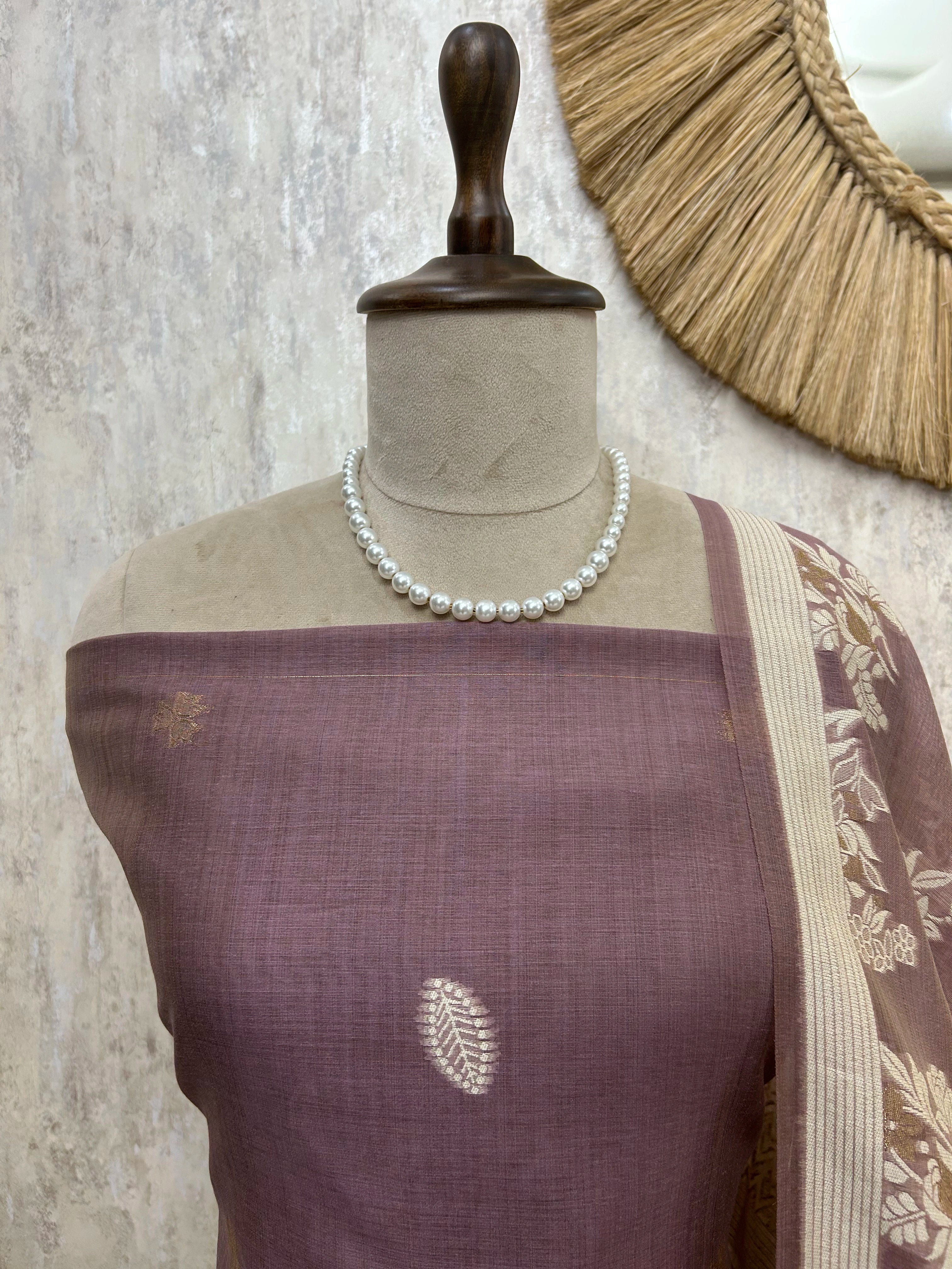 Jamdani Linen Unstitched Suit Set With Leaf Motifs