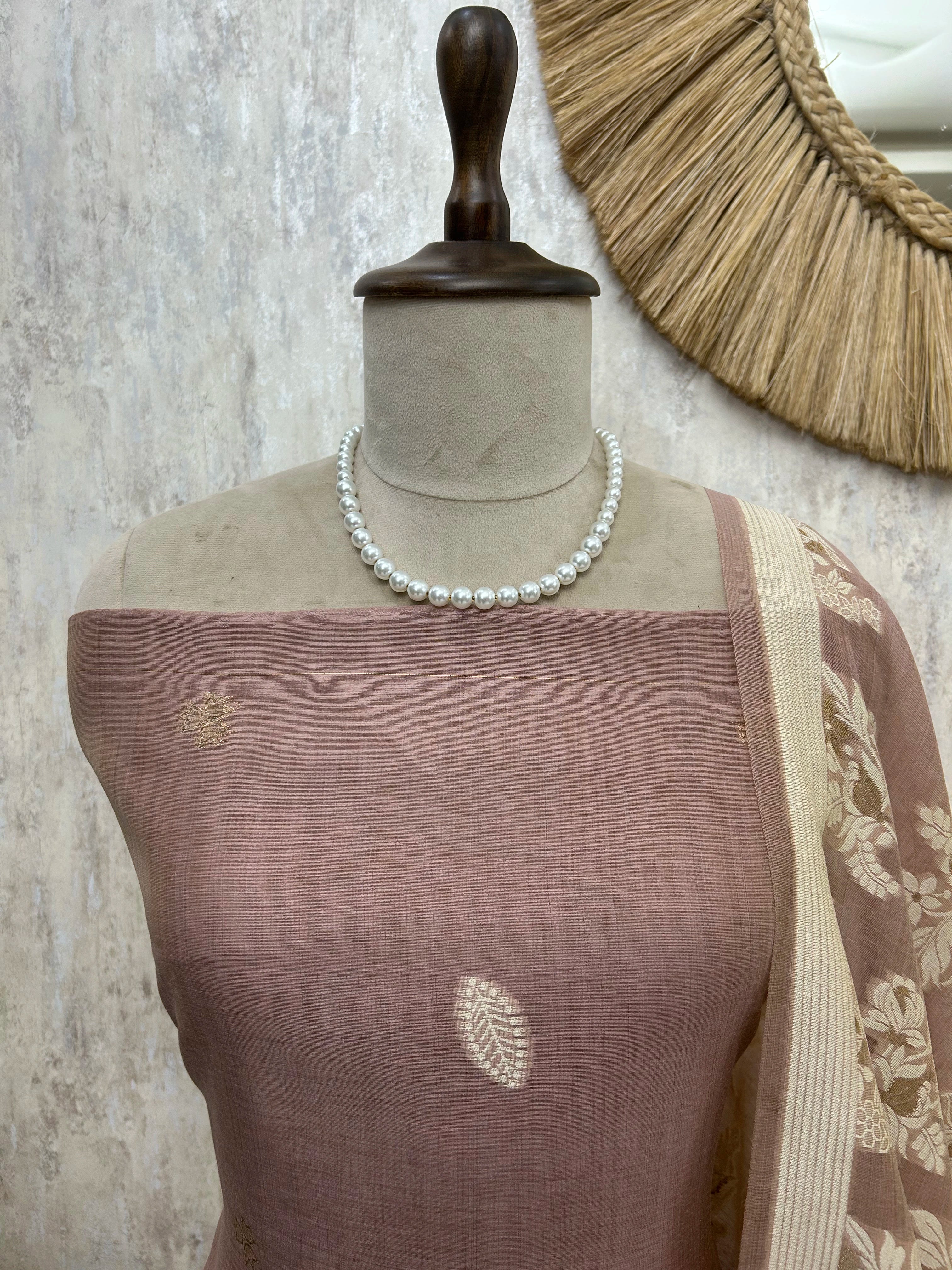 Jamdani Linen Unstitched Suit Set With Leaf Motifs