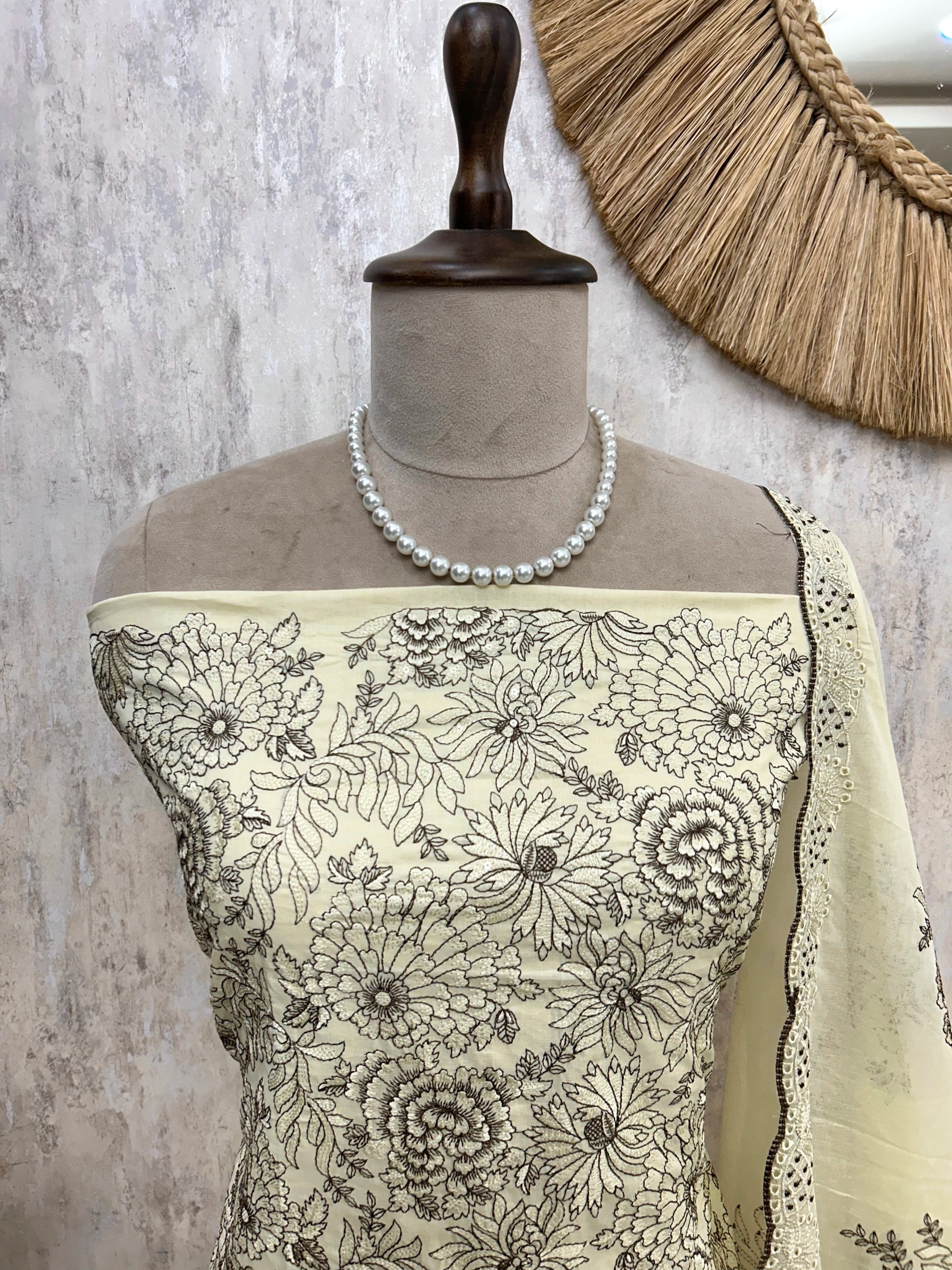 Cotton Unstitched Suit Set Thread Embroidery