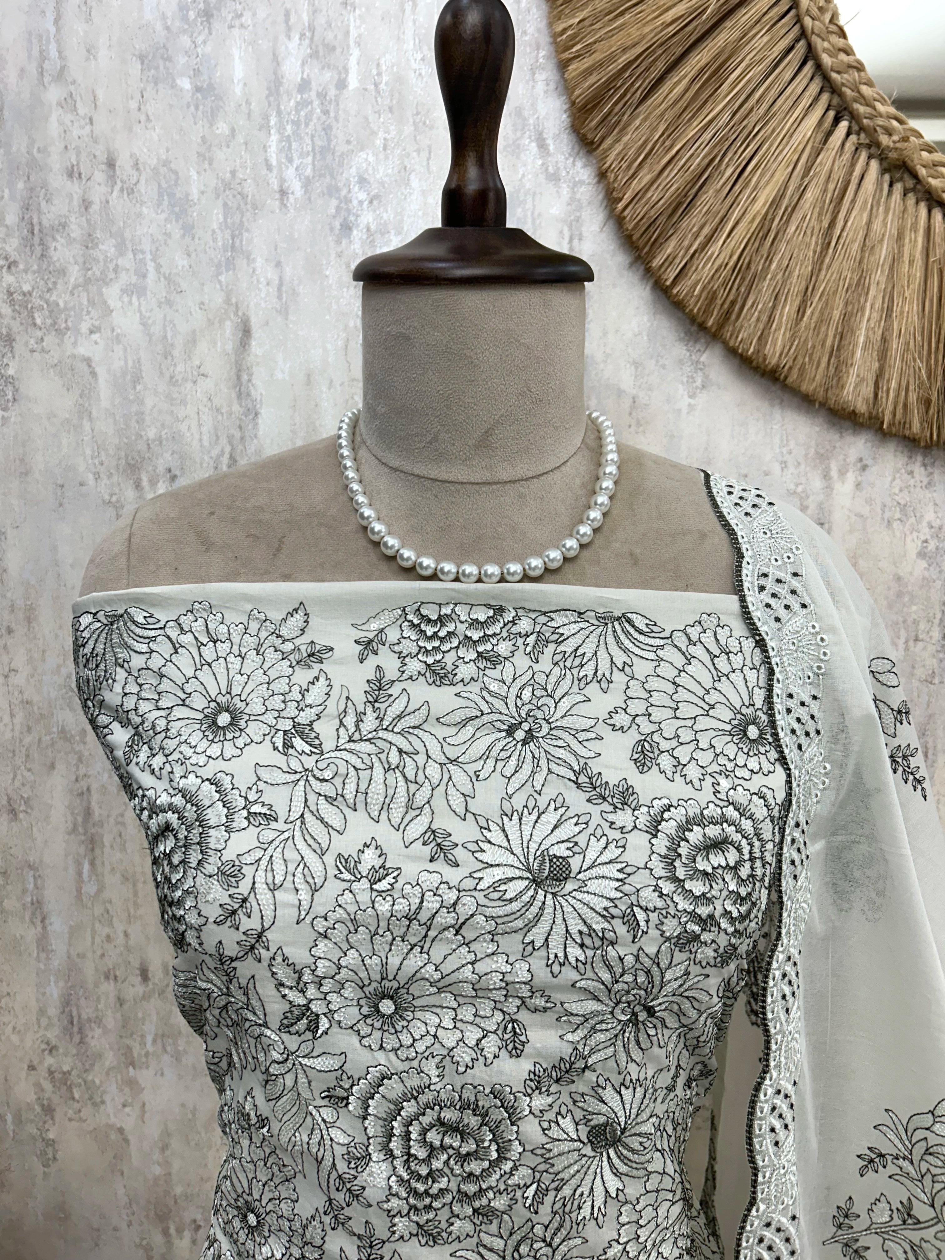 Cotton Unstitched Suit Set Thread Embroidery