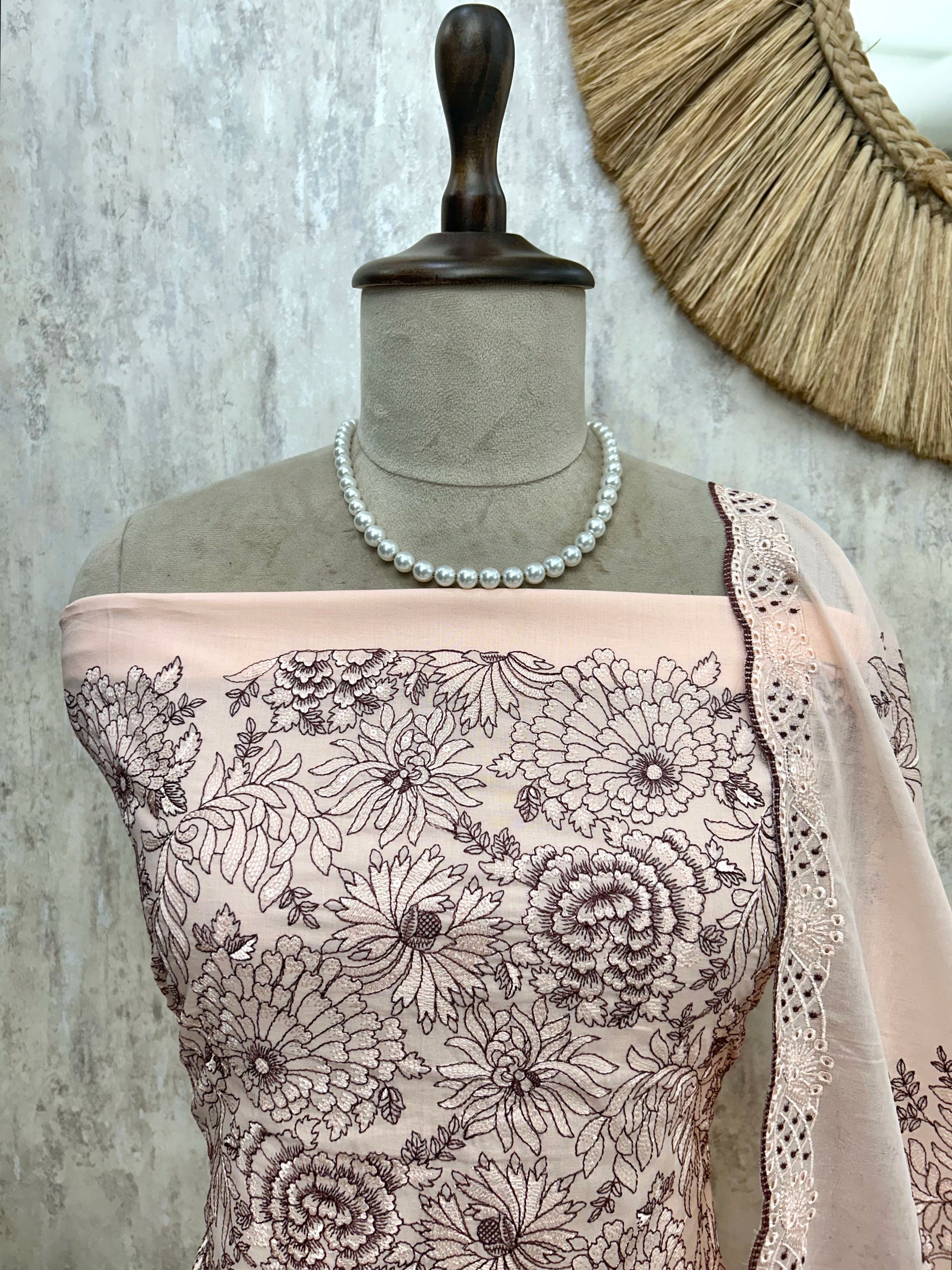 Cotton Unstitched Suit Set Thread Embroidery