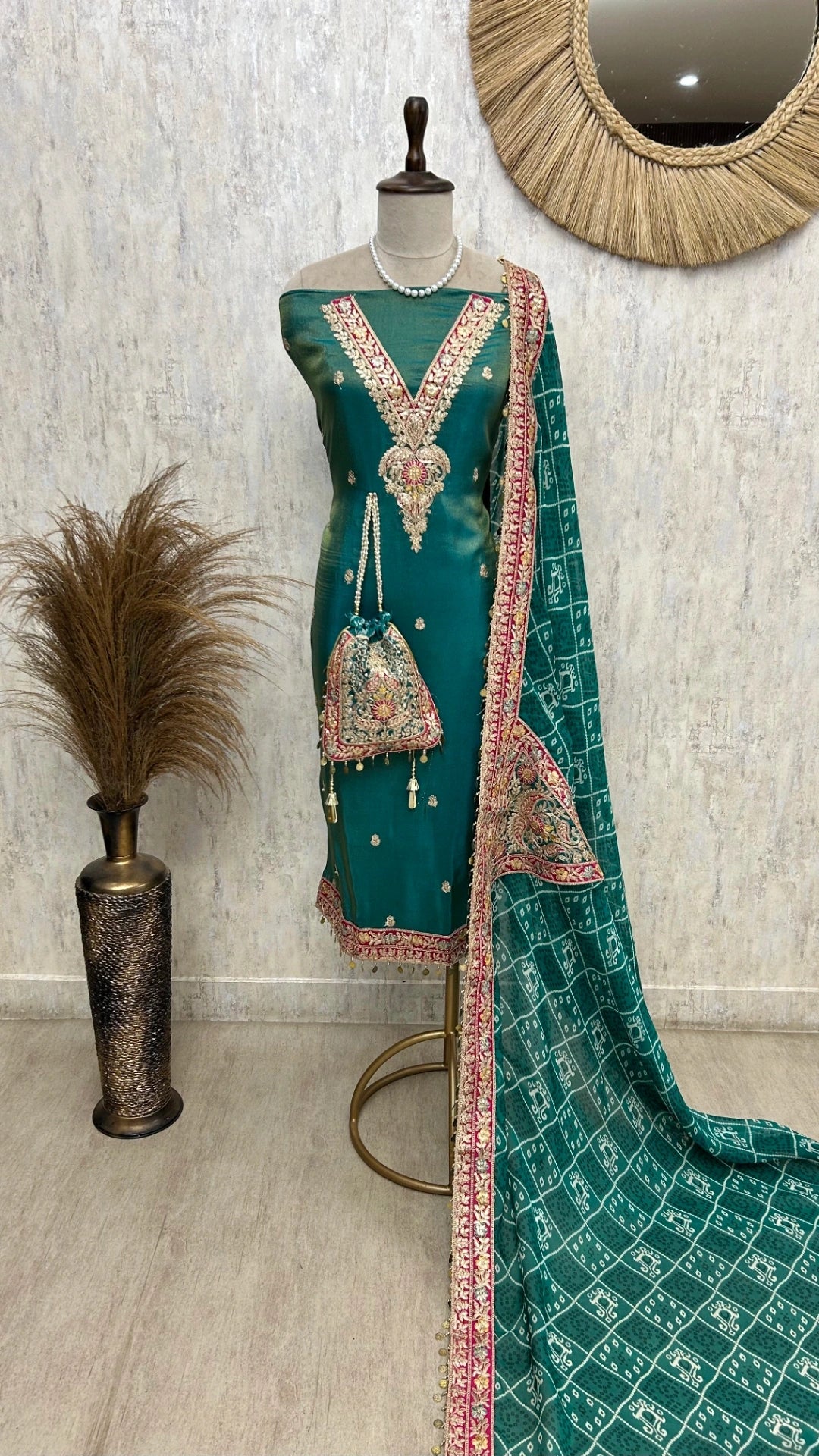 Tissue Unstitched Suit Set With Embroidered Neckline