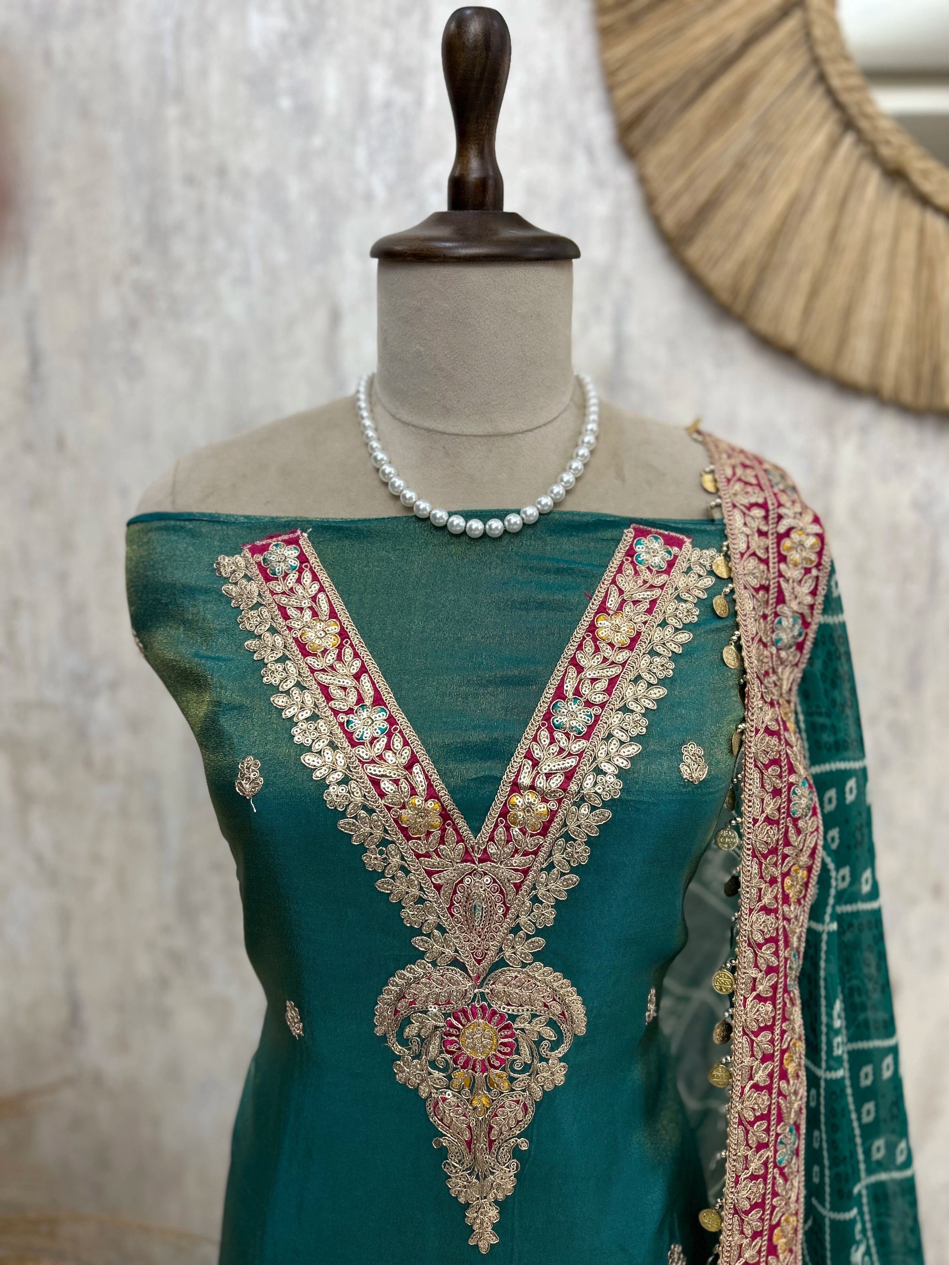 Tissue Unstitched Suit Set With Embroidered Neckline