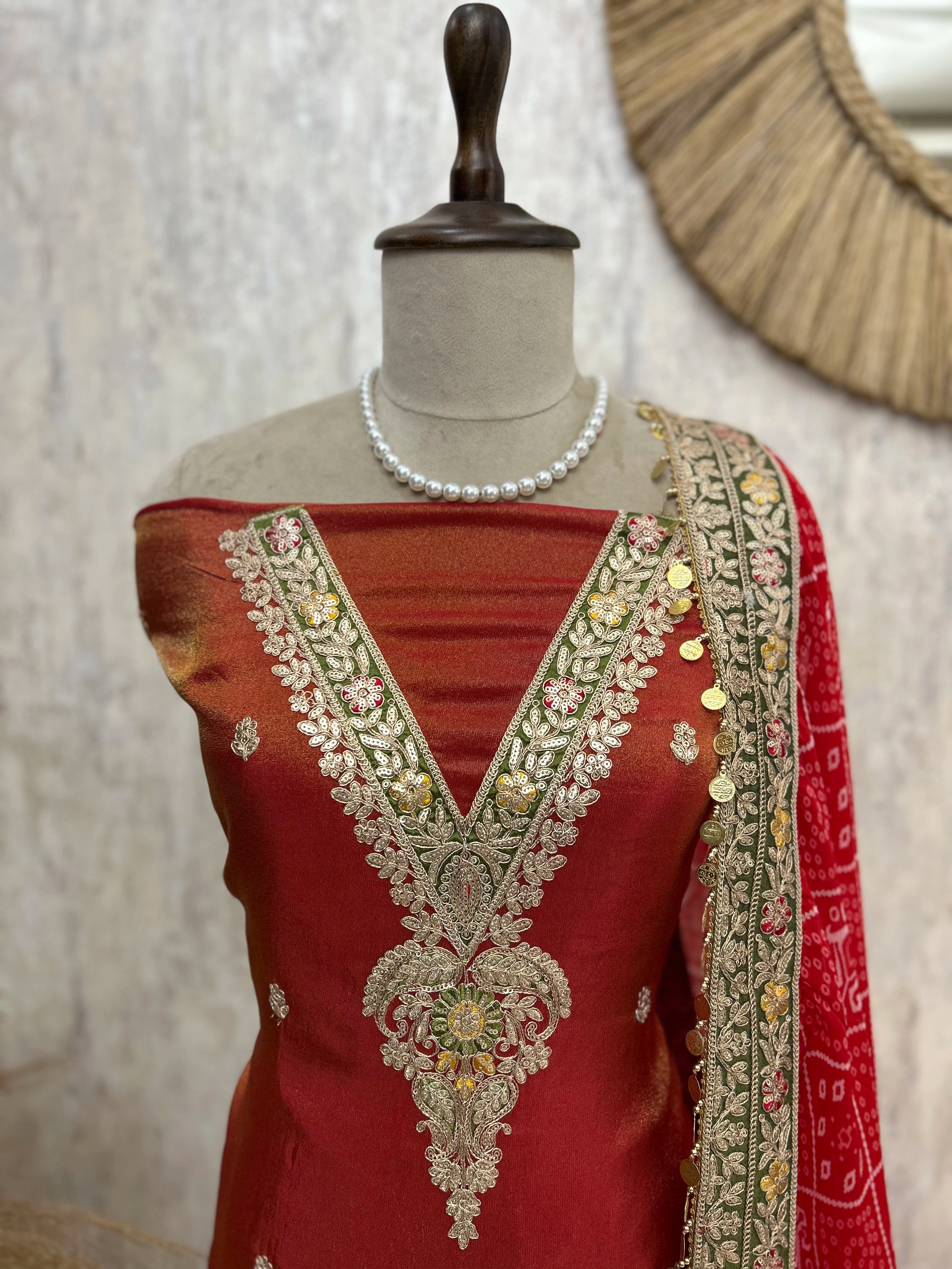 Tissue Unstitched Suit Set With Embroidered Neckline