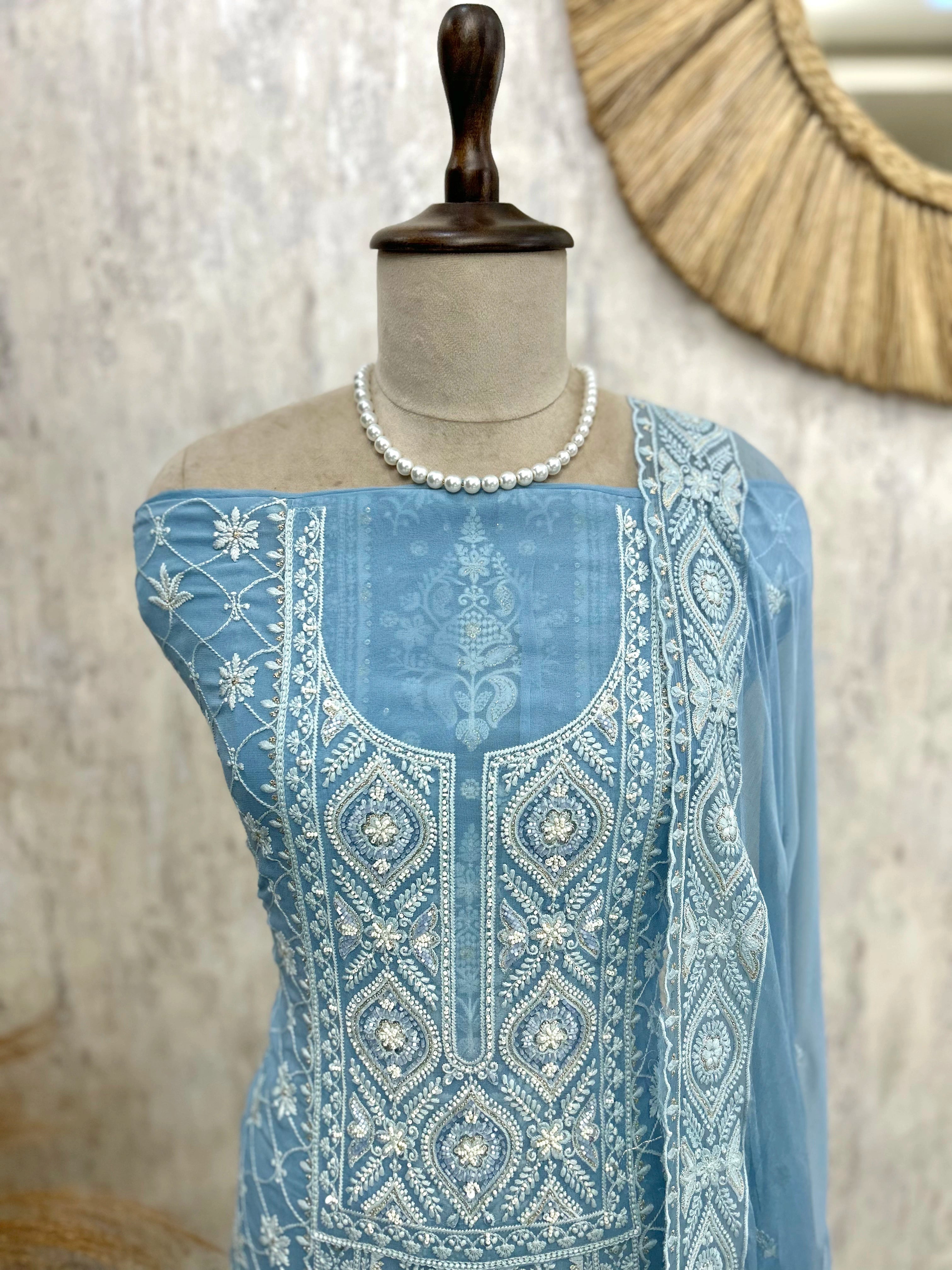 Georgette Unstitched Suit Set With Lucknowi Work